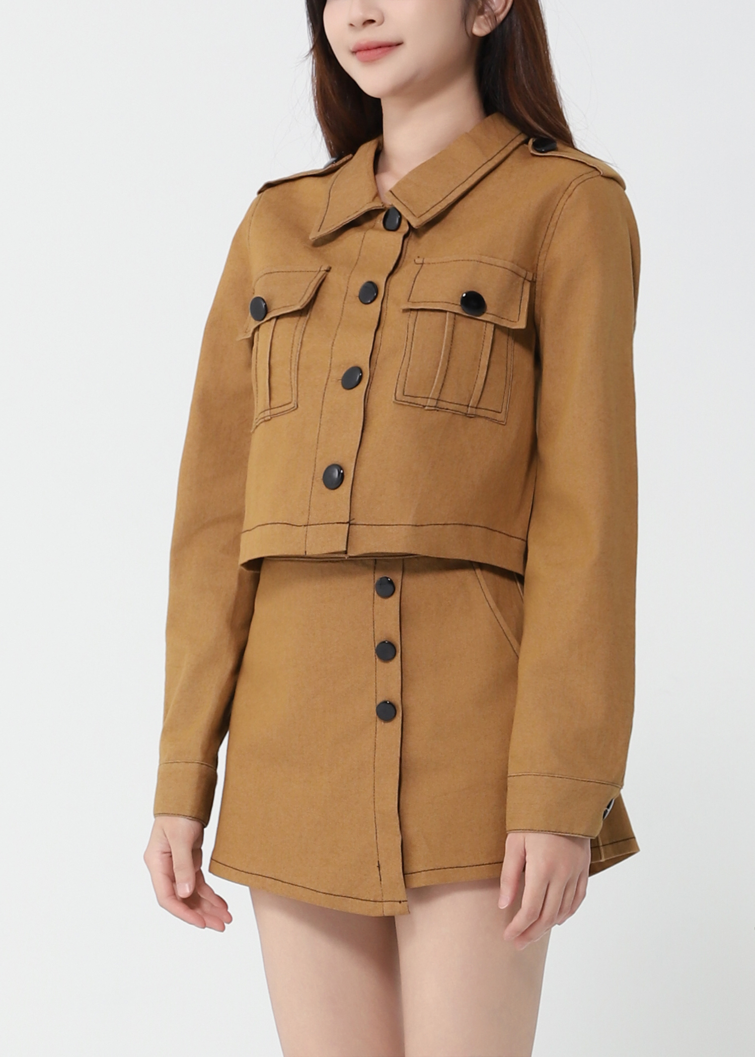 Long Sleeve Front Button Top With Skirt Pant Set 40993