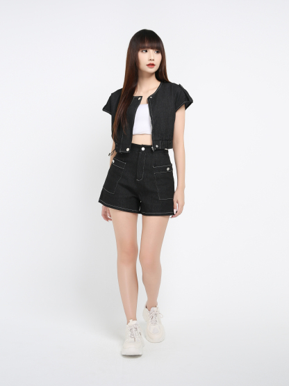 Denim Sleeveless Top With Short Pant Set 41026
