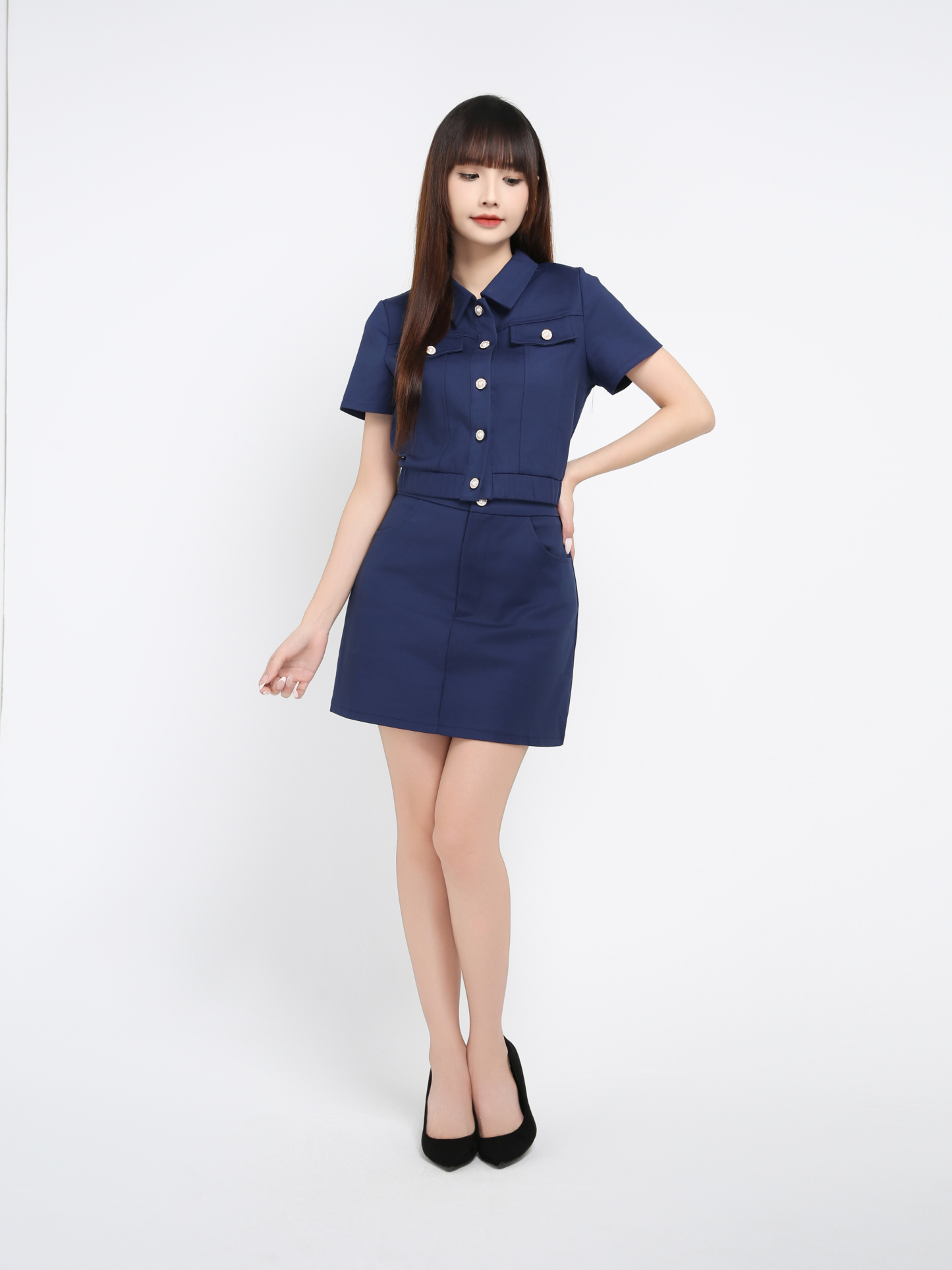 Short Sleeve Front Button Top With Skirt Set 41067