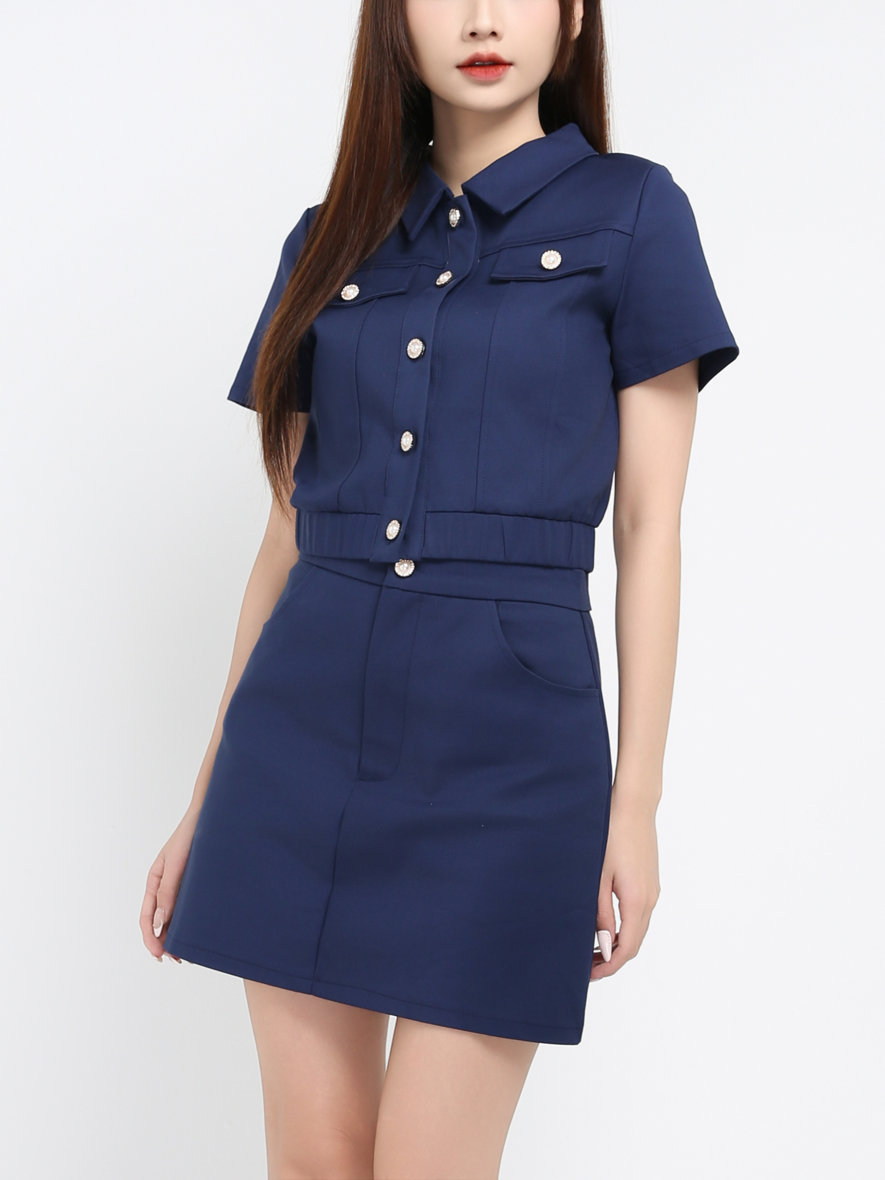 Short Sleeve Front Button Top With Skirt Set 41067