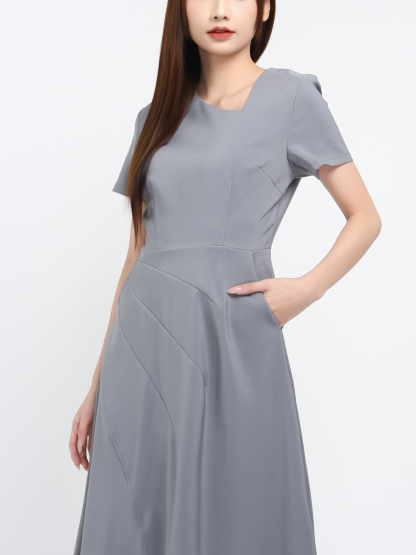 Short Sleeve Back Zip Pleated Dress 41072