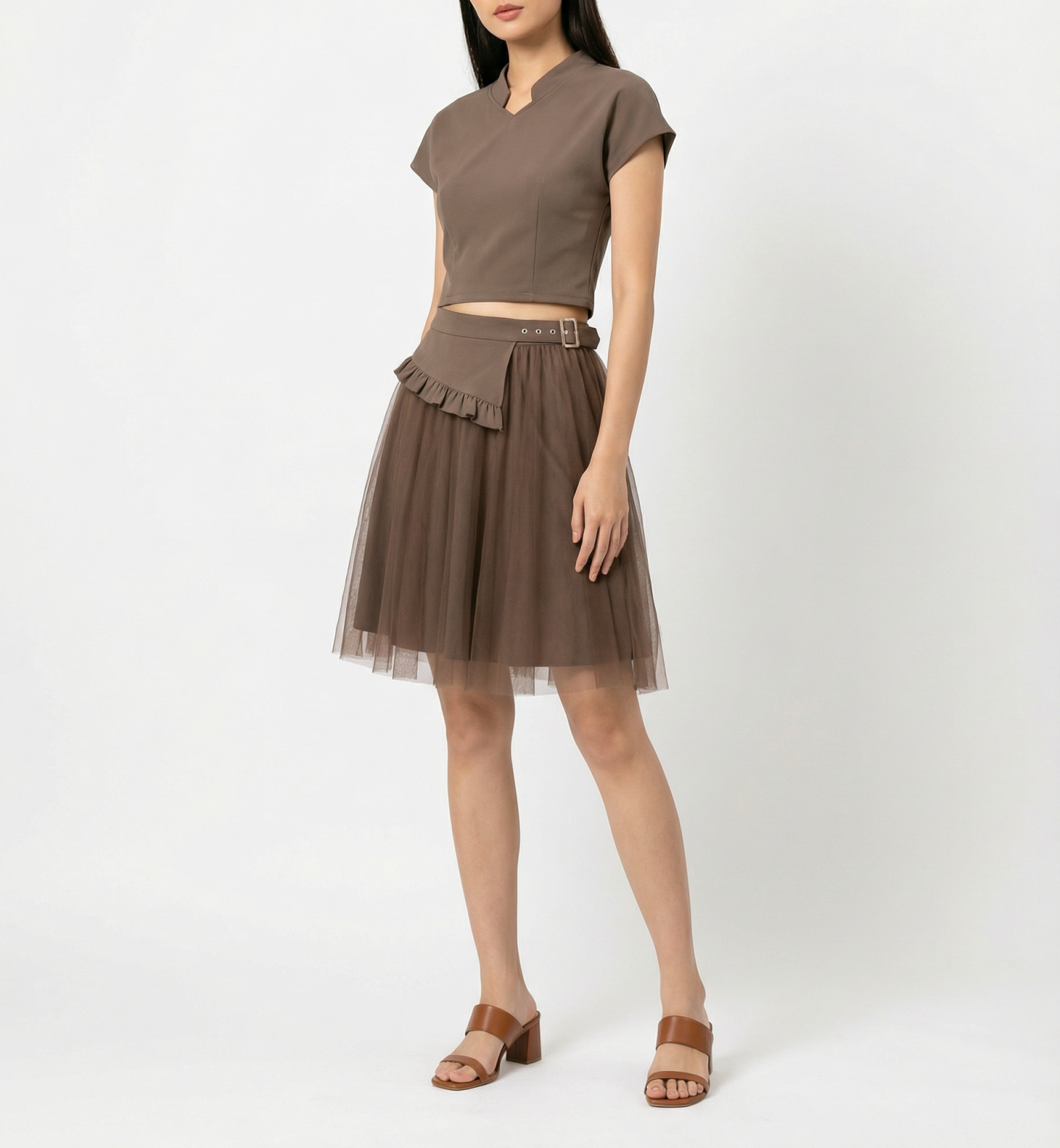 Short Sleeve Top With Mesh Skirt Set 41076