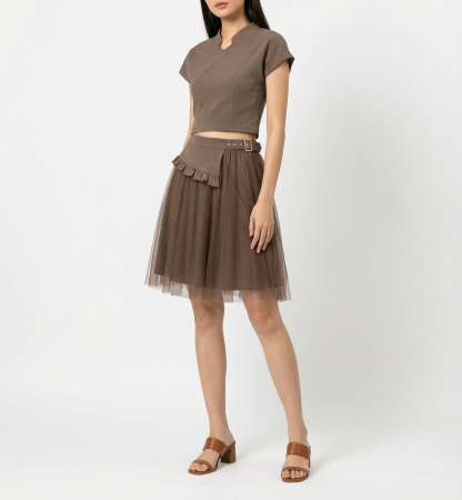 Short Sleeve Top With Mesh Skirt Set 41076