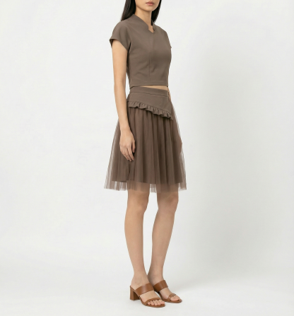 Short Sleeve Top With Mesh Skirt Set 41076