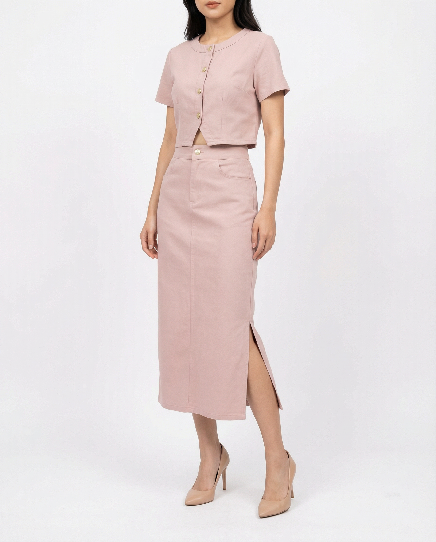 Short Sleeve Front Button Top With Long Skirt Set 41098