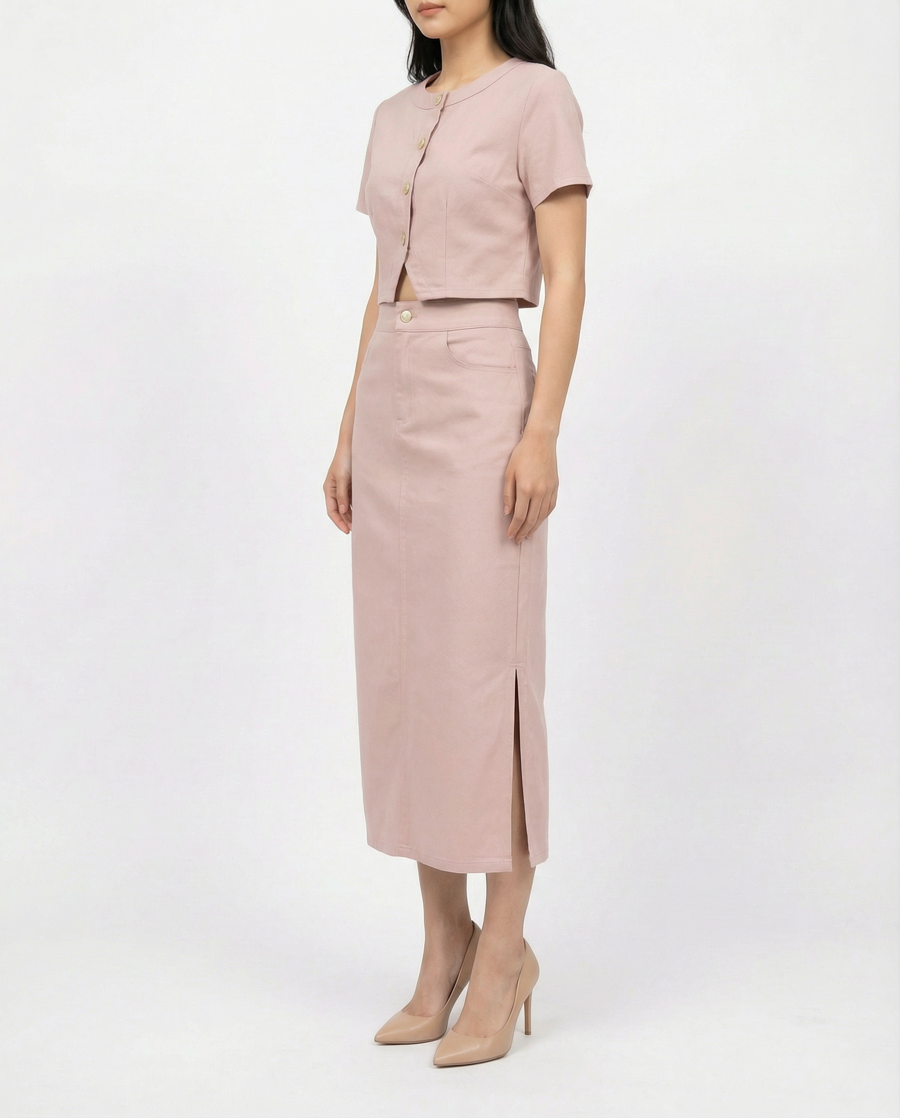 Short Sleeve Front Button Top With Long Skirt Set 41098