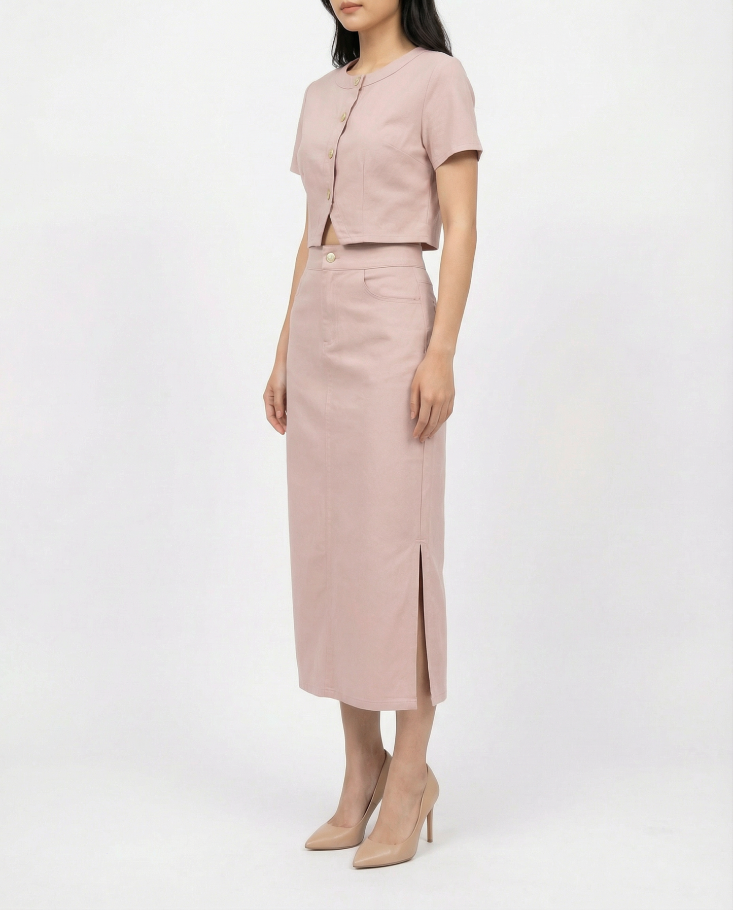 Short Sleeve Front Button Top With Long Skirt Set 41098