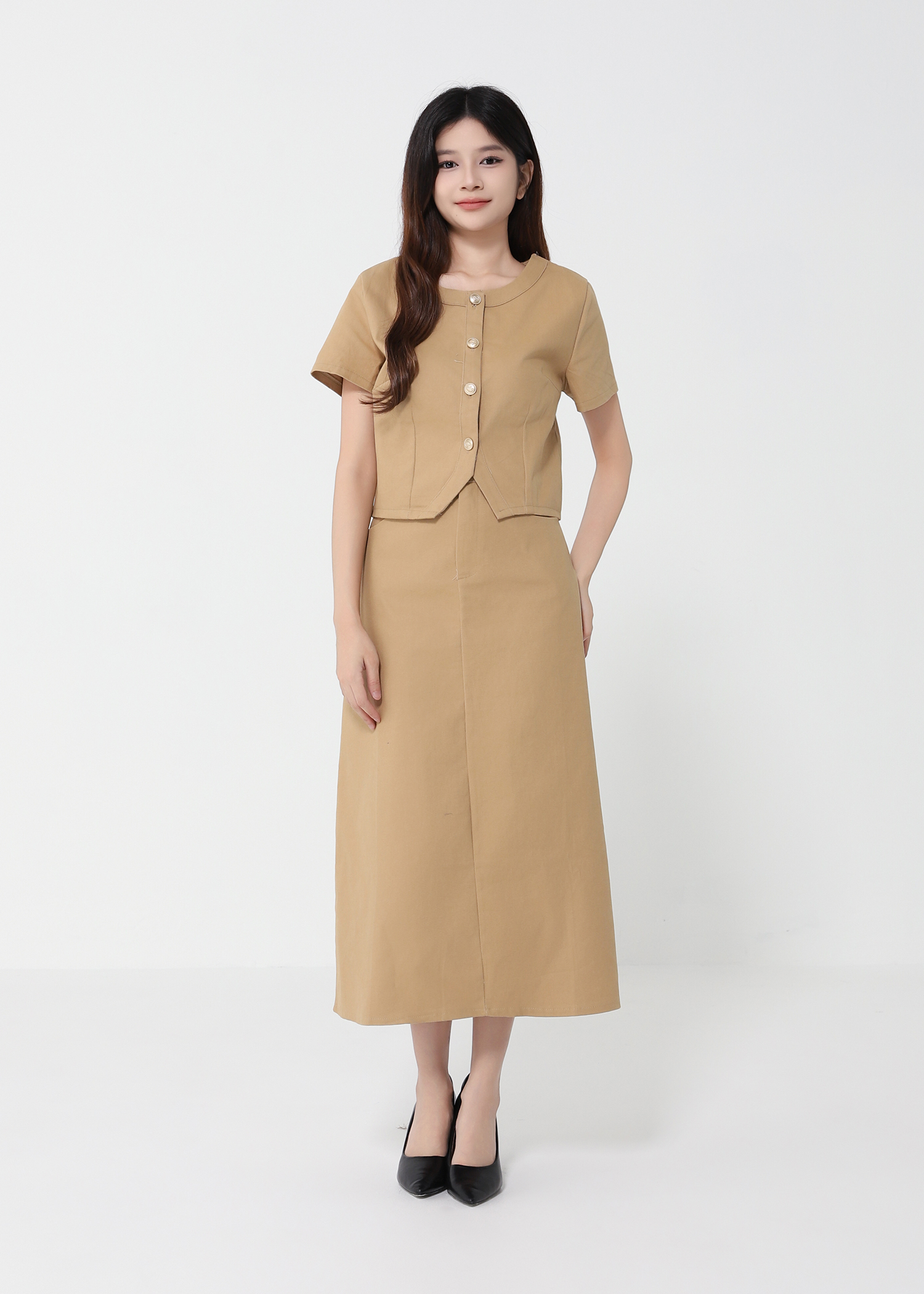 Short Sleeve Front Button Top With Long Skirt Set 41098