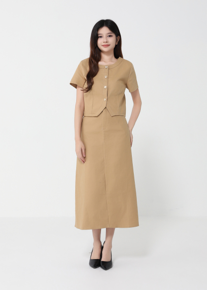 Short Sleeve Front Button Top With Long Skirt Set 41098