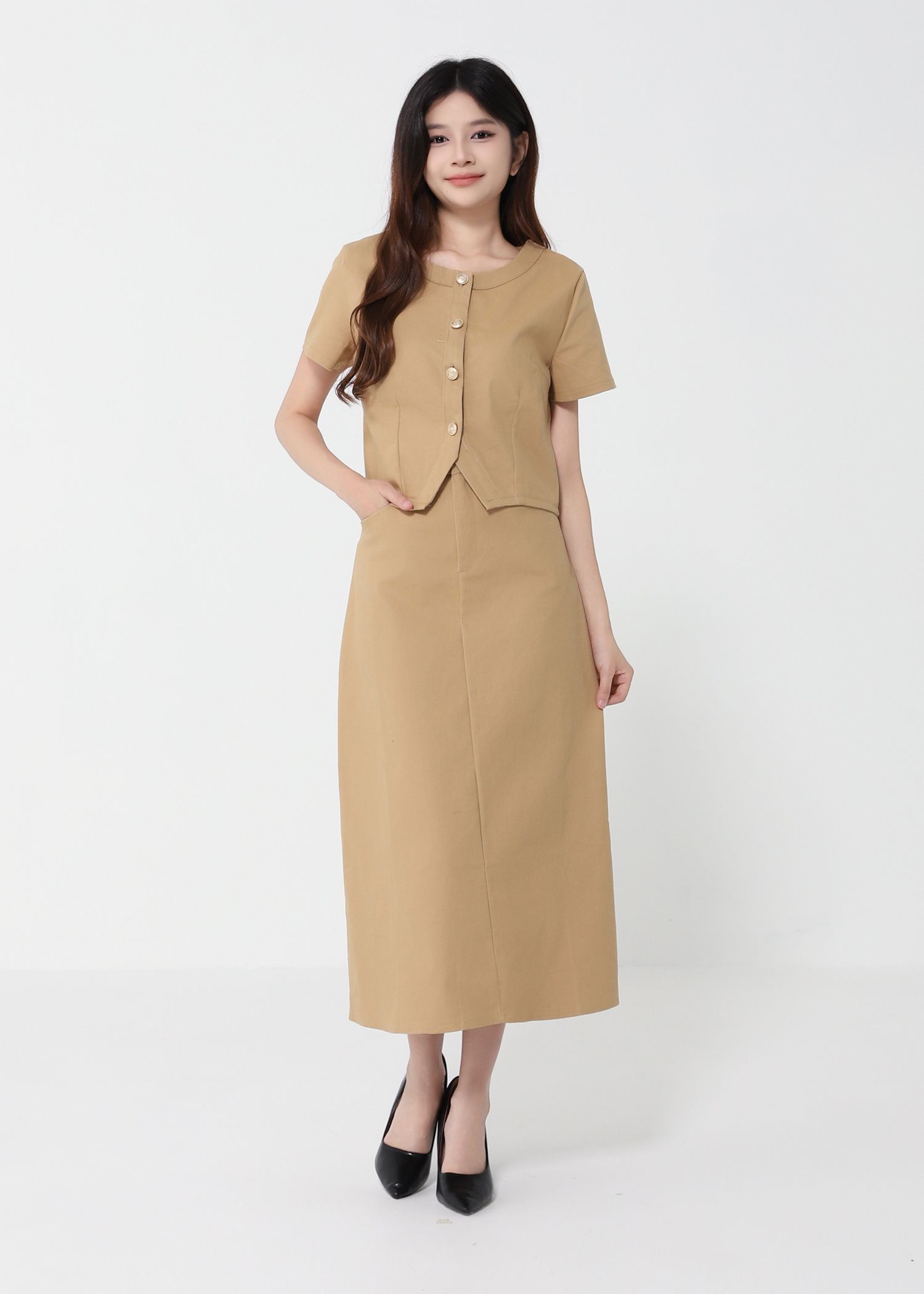 Short Sleeve Front Button Top With Long Skirt Set 41098