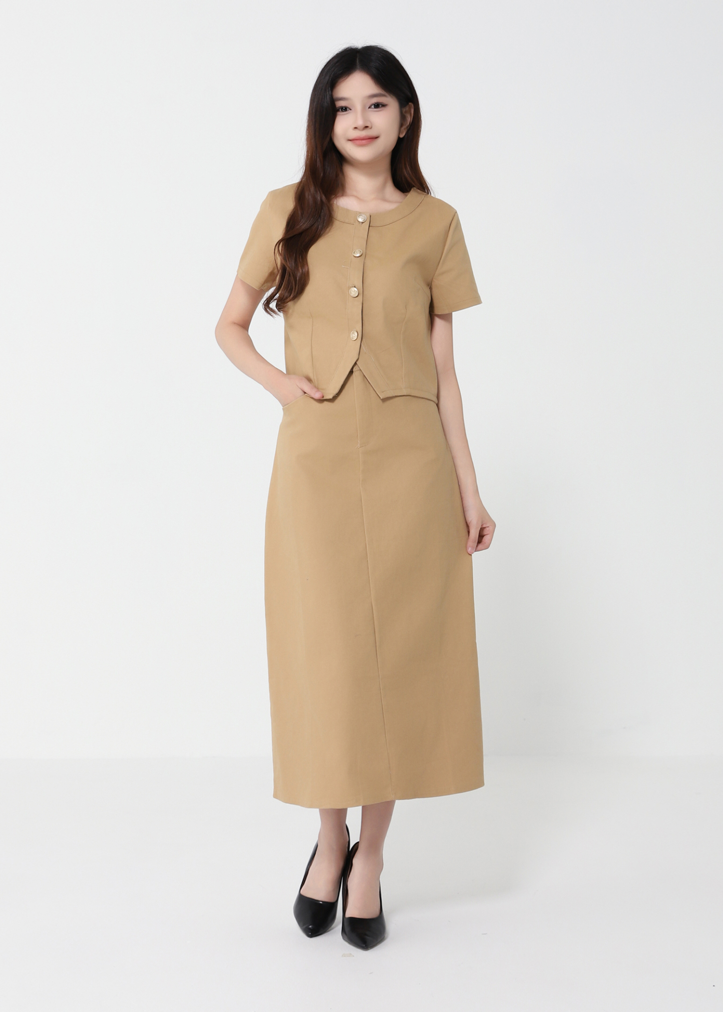 Short Sleeve Front Button Top With Long Skirt Set 41098