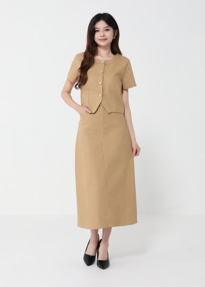 Short Sleeve Front Button Top With Long Skirt Set 41098