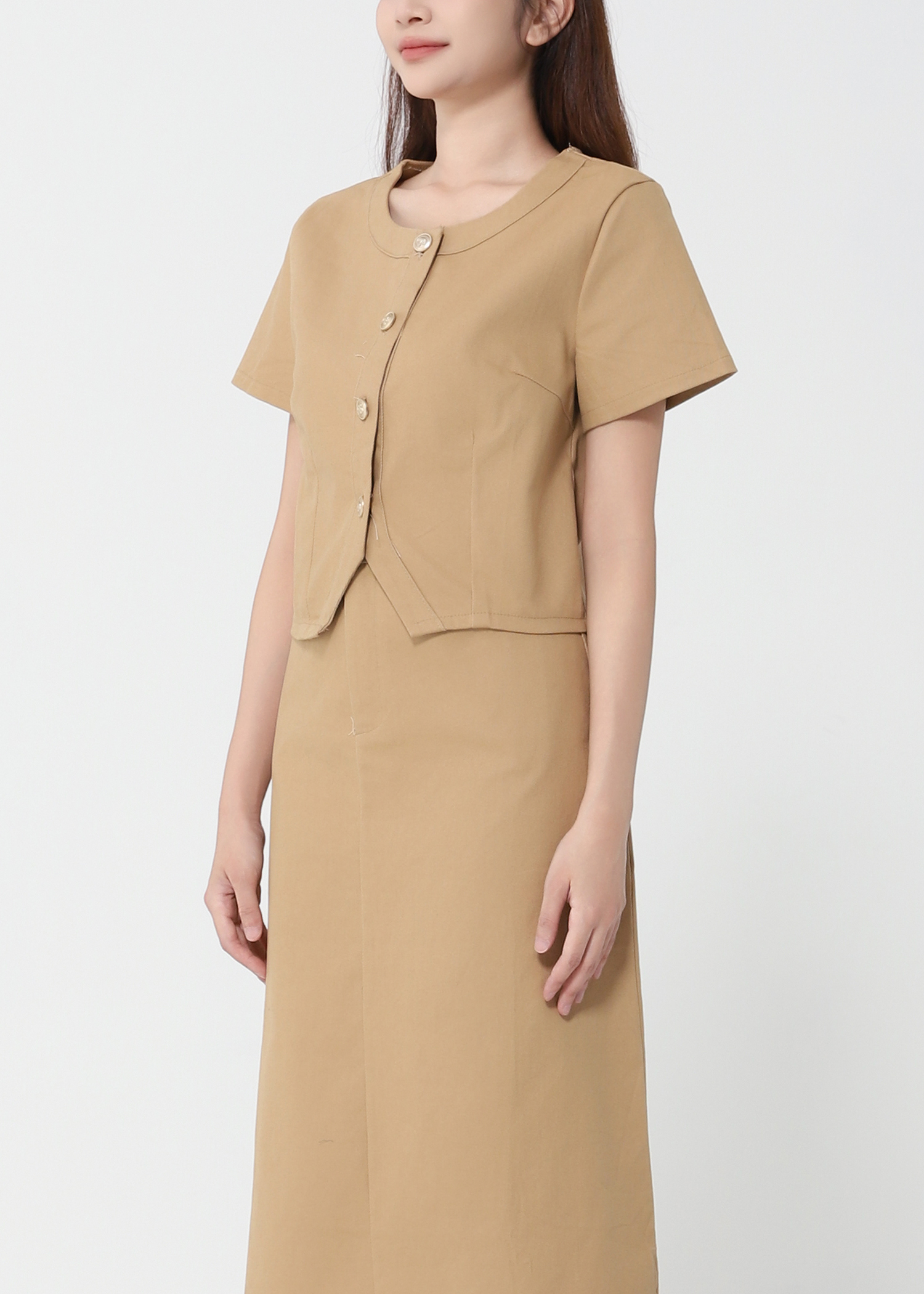 Short Sleeve Front Button Top With Long Skirt Set 41098