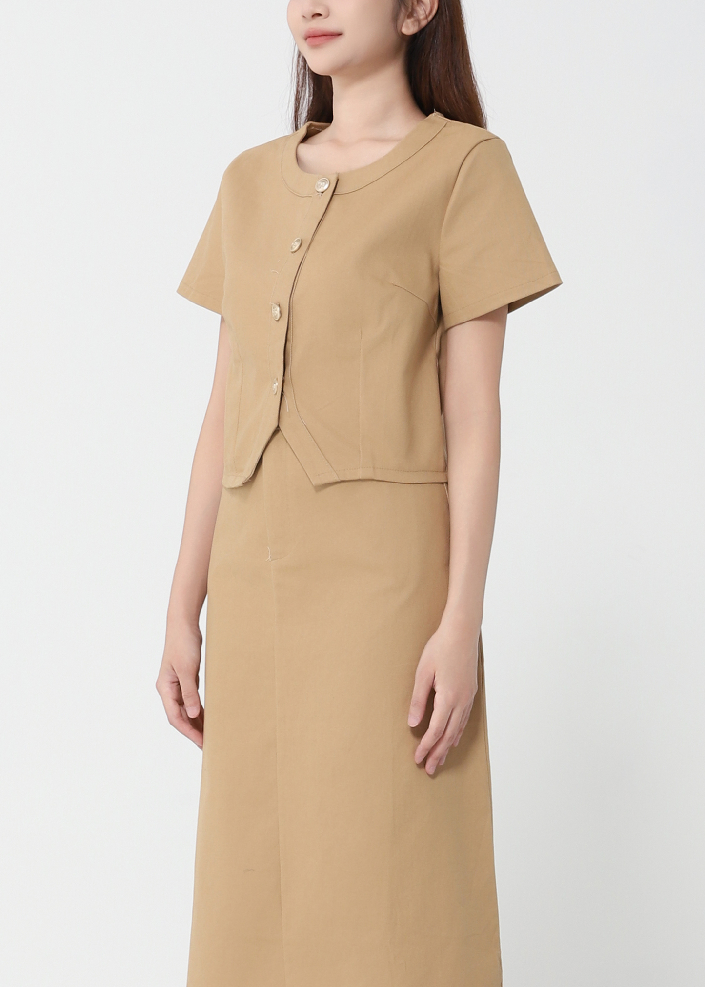 Short Sleeve Front Button Top With Long Skirt Set 41098