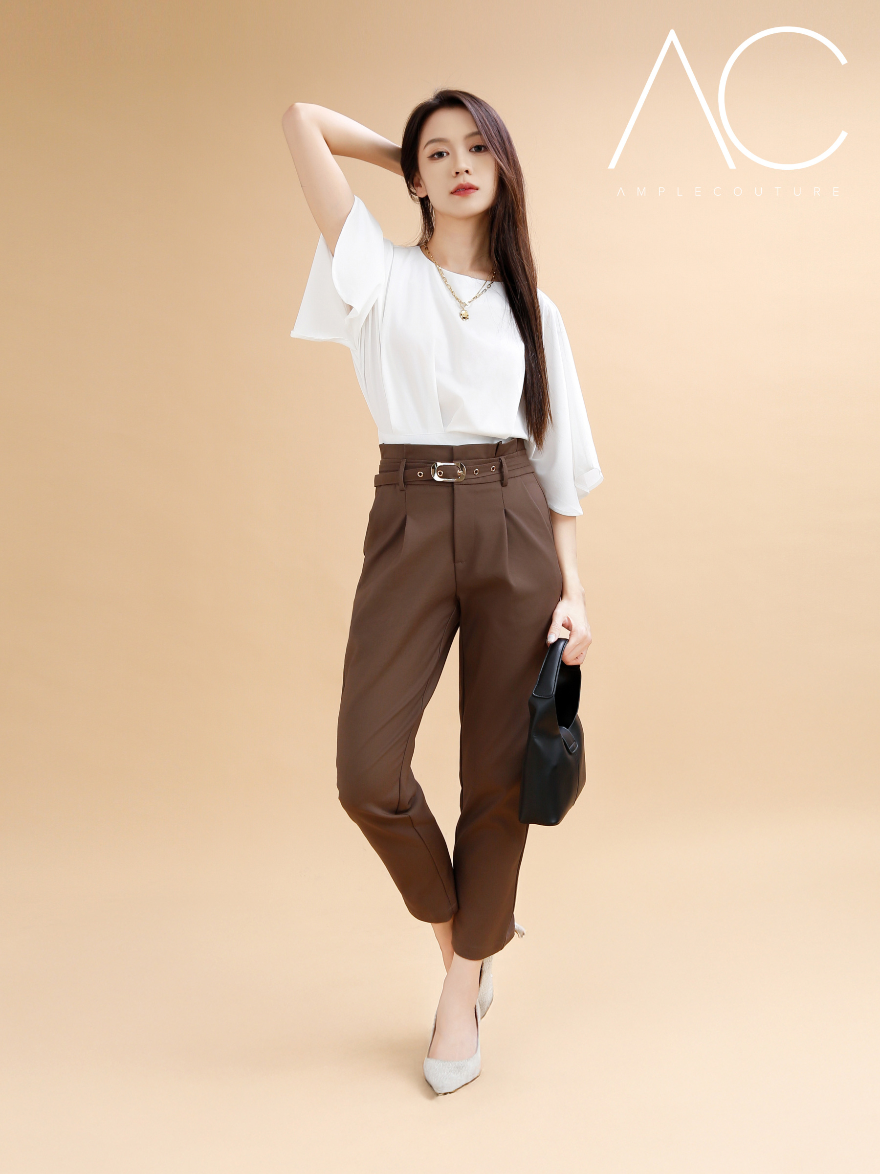 Side Pocket Pleated Long Pant With Decorative Belt 41091