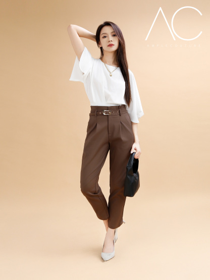 Side Pocket Pleated Long Pant With Decorative Belt 41091