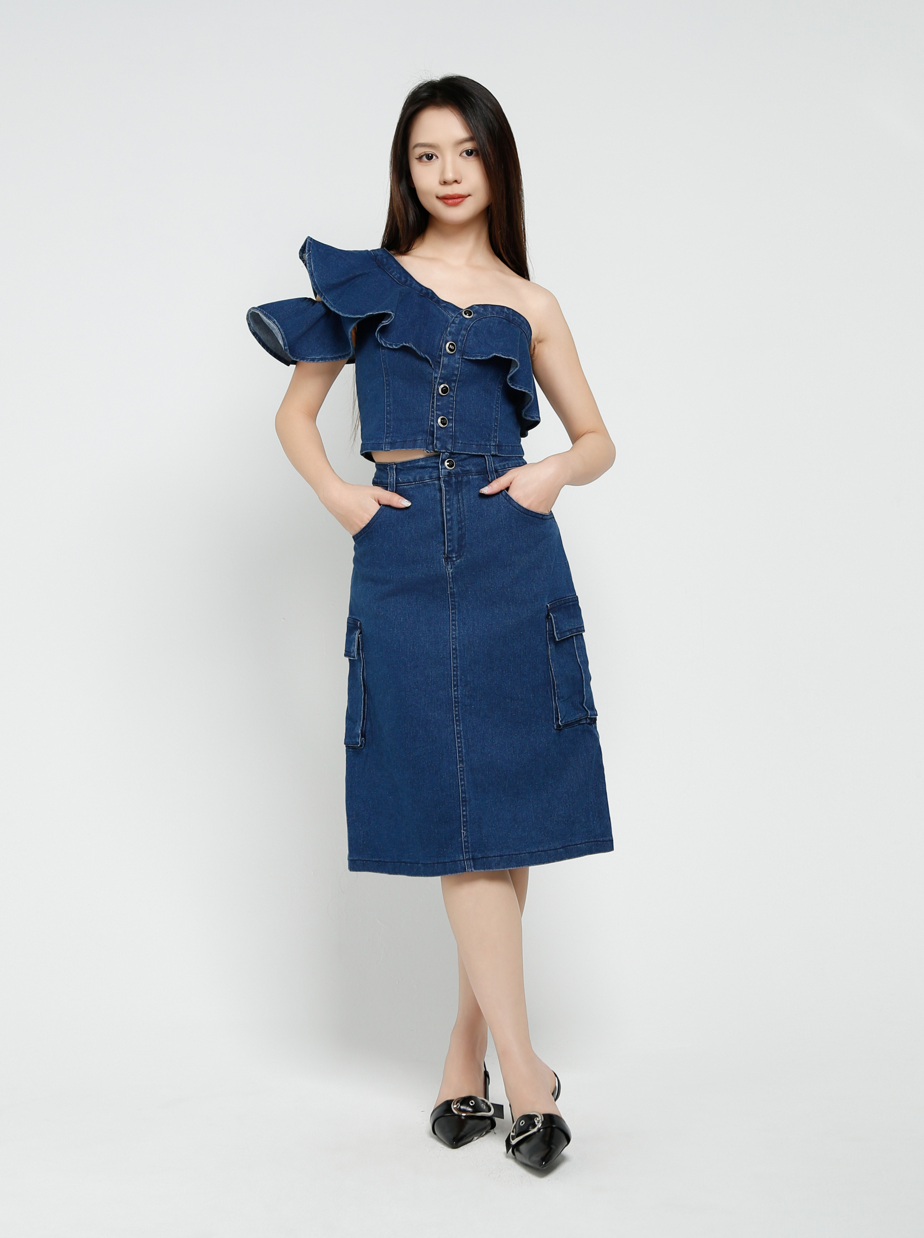 Denim One Shoulder Top With Skirt Set 41163