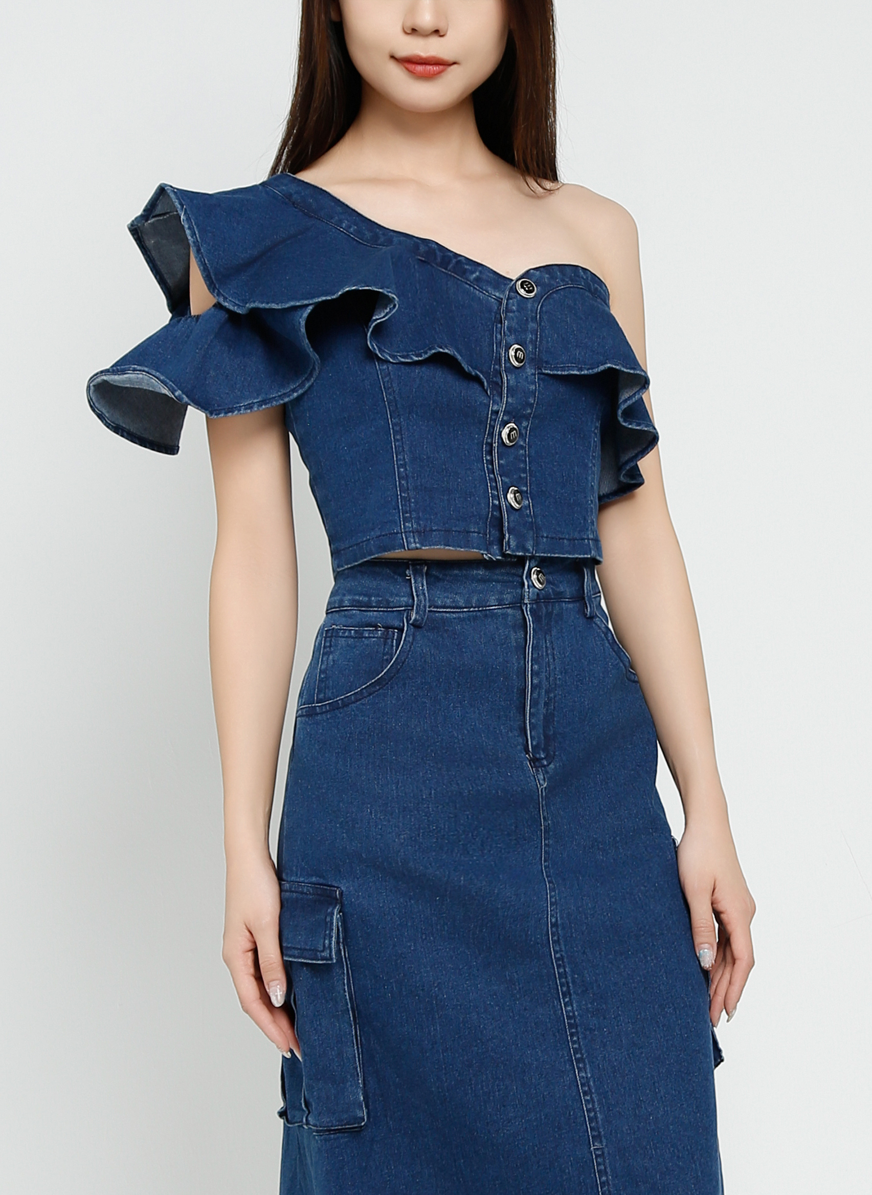 Denim One Shoulder Top With Skirt Set 41163