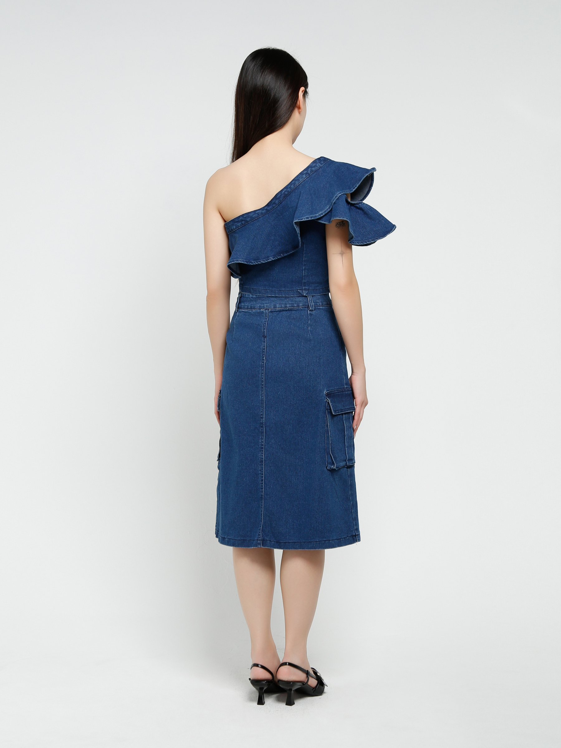 Denim One Shoulder Top With Skirt Set 41163