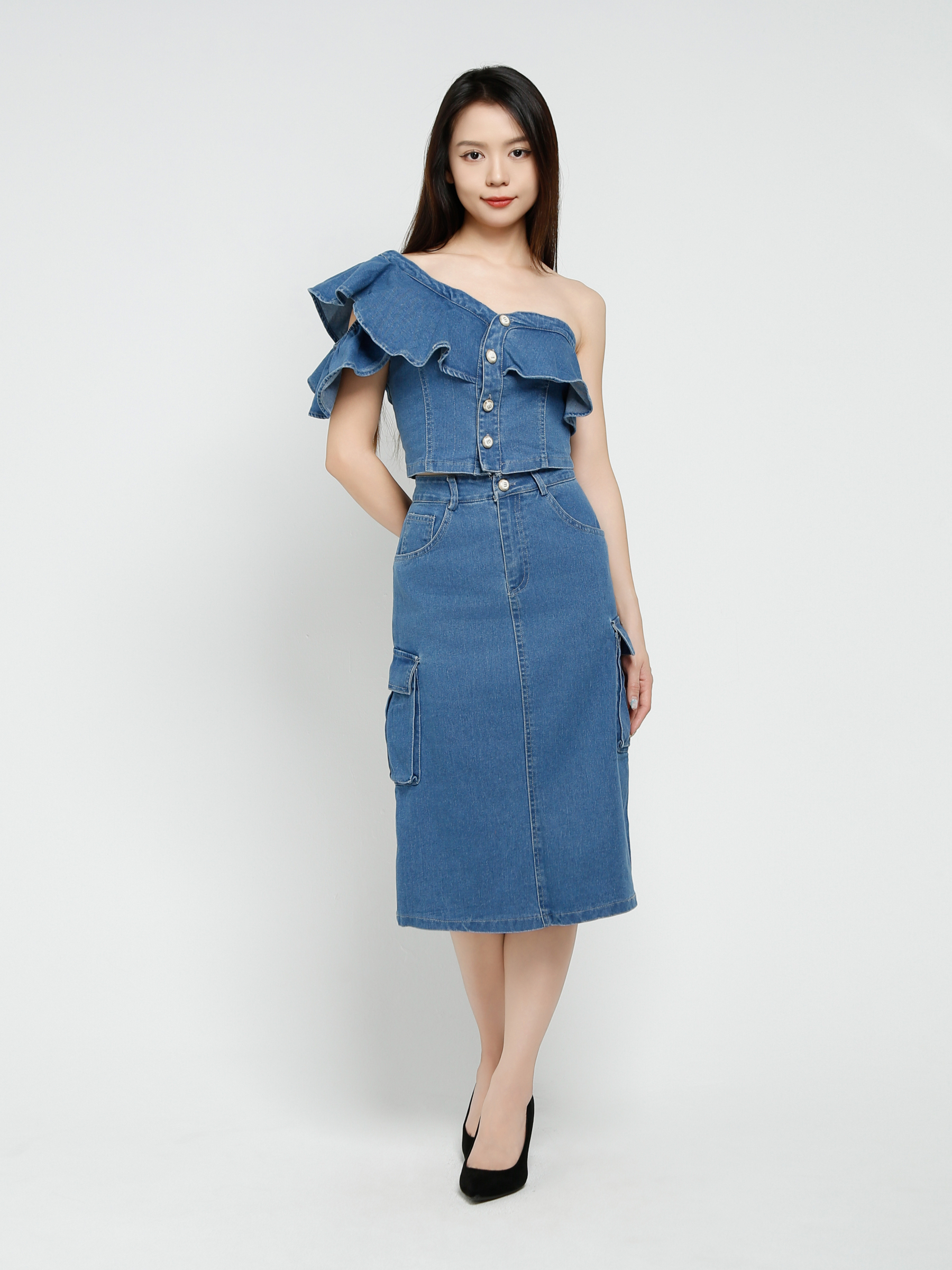 Denim One Shoulder Top With Skirt Set 41163