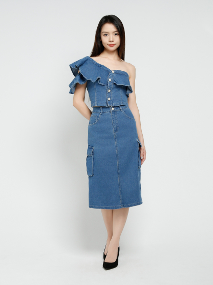 Denim One Shoulder Top With Skirt Set 41163