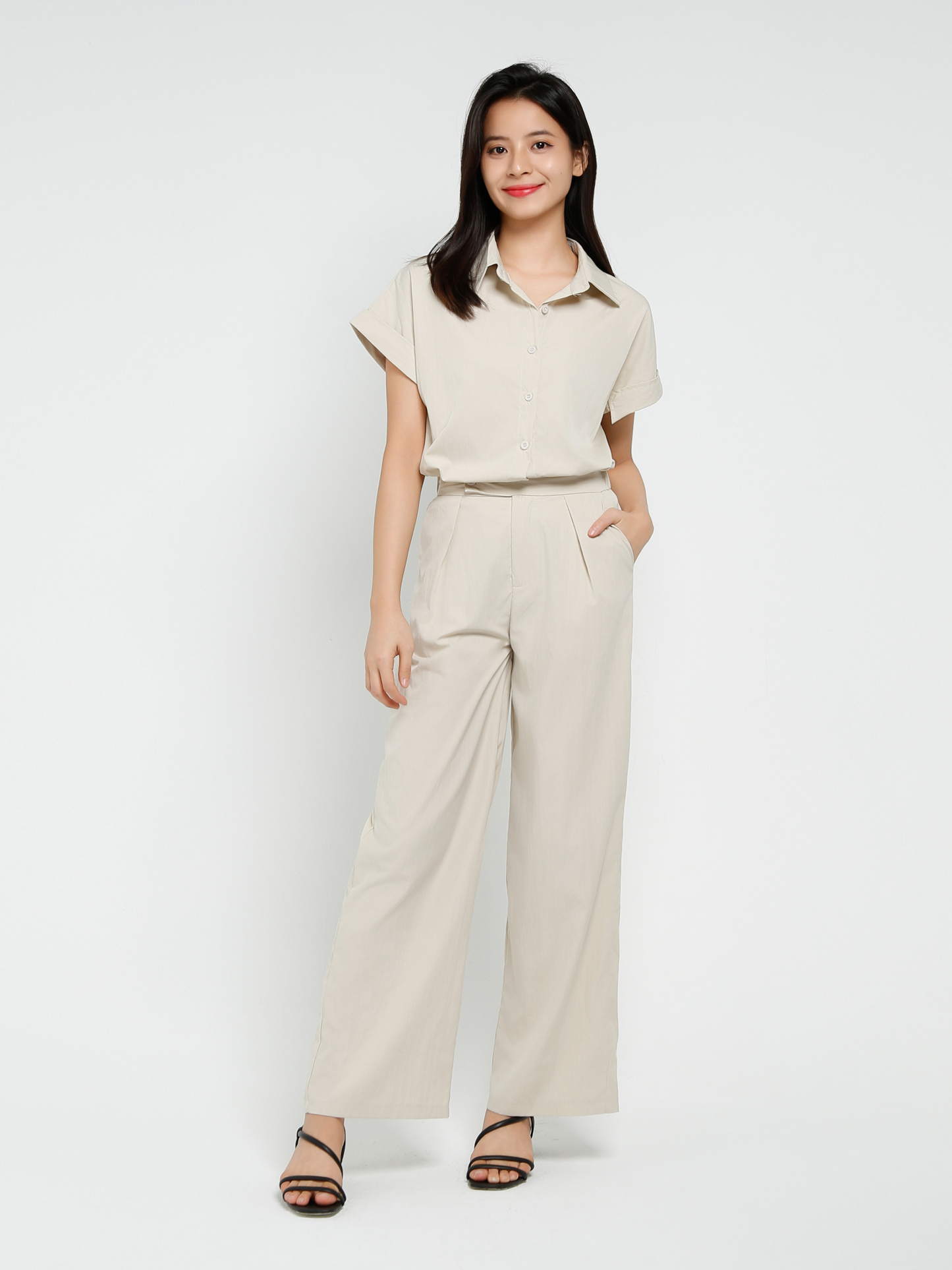 Short Sleeve Front Button Top With Long Pant Set 41213