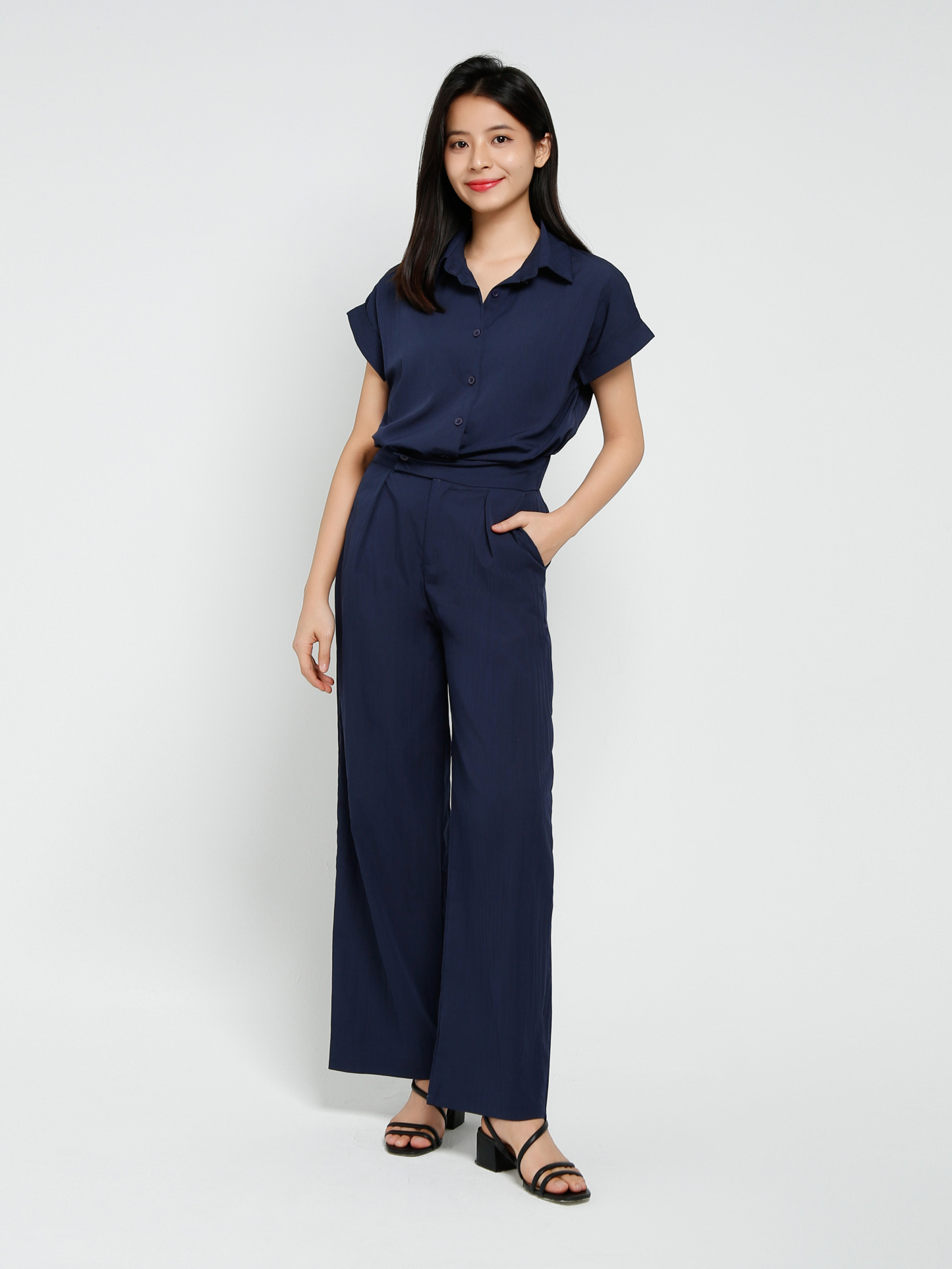 Short Sleeve Front Button Top With Long Pant Set 41213