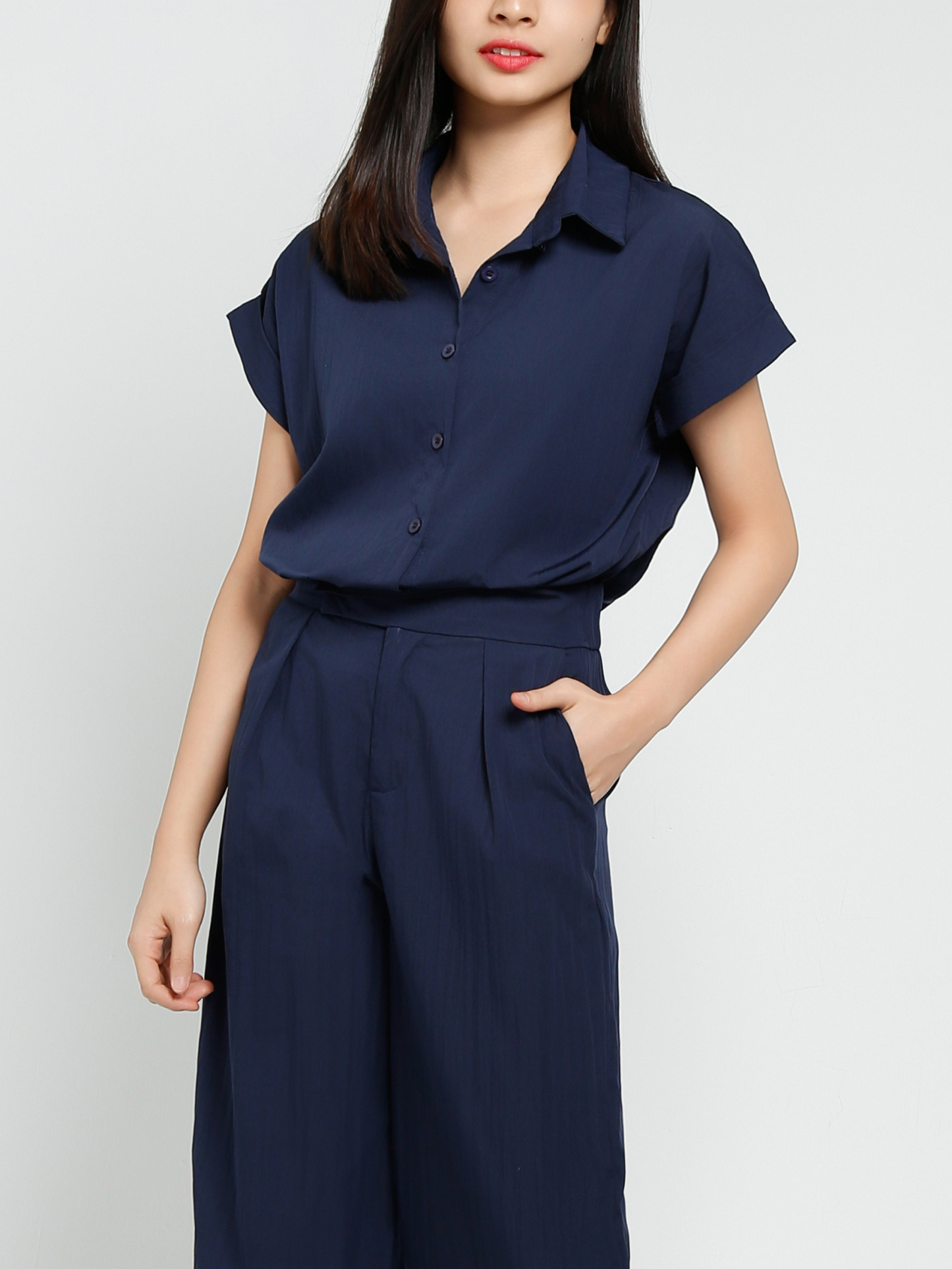 Short Sleeve Front Button Top With Long Pant Set 41213