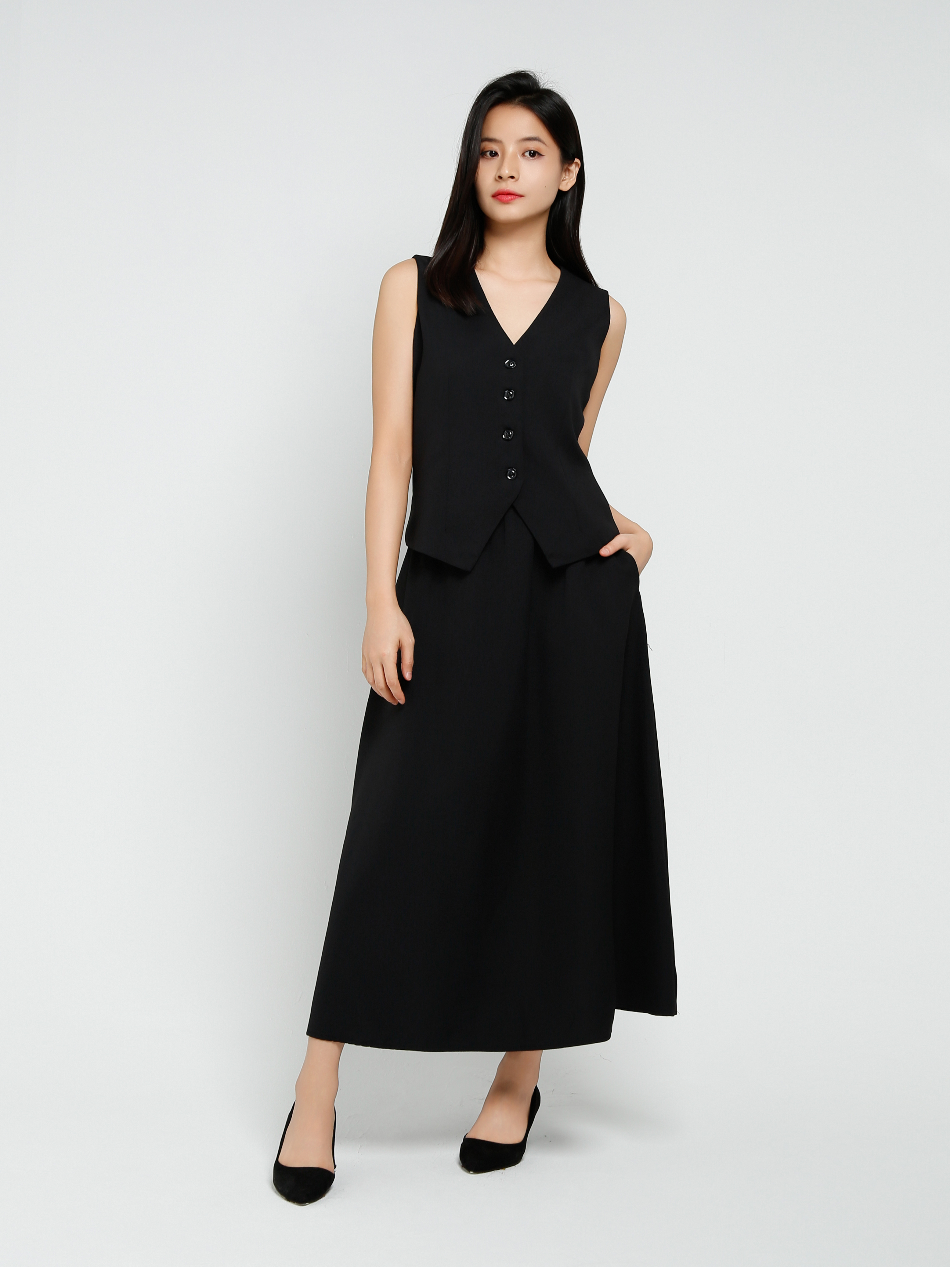 Sleeveless Front Button With Long Skirt Set 41241