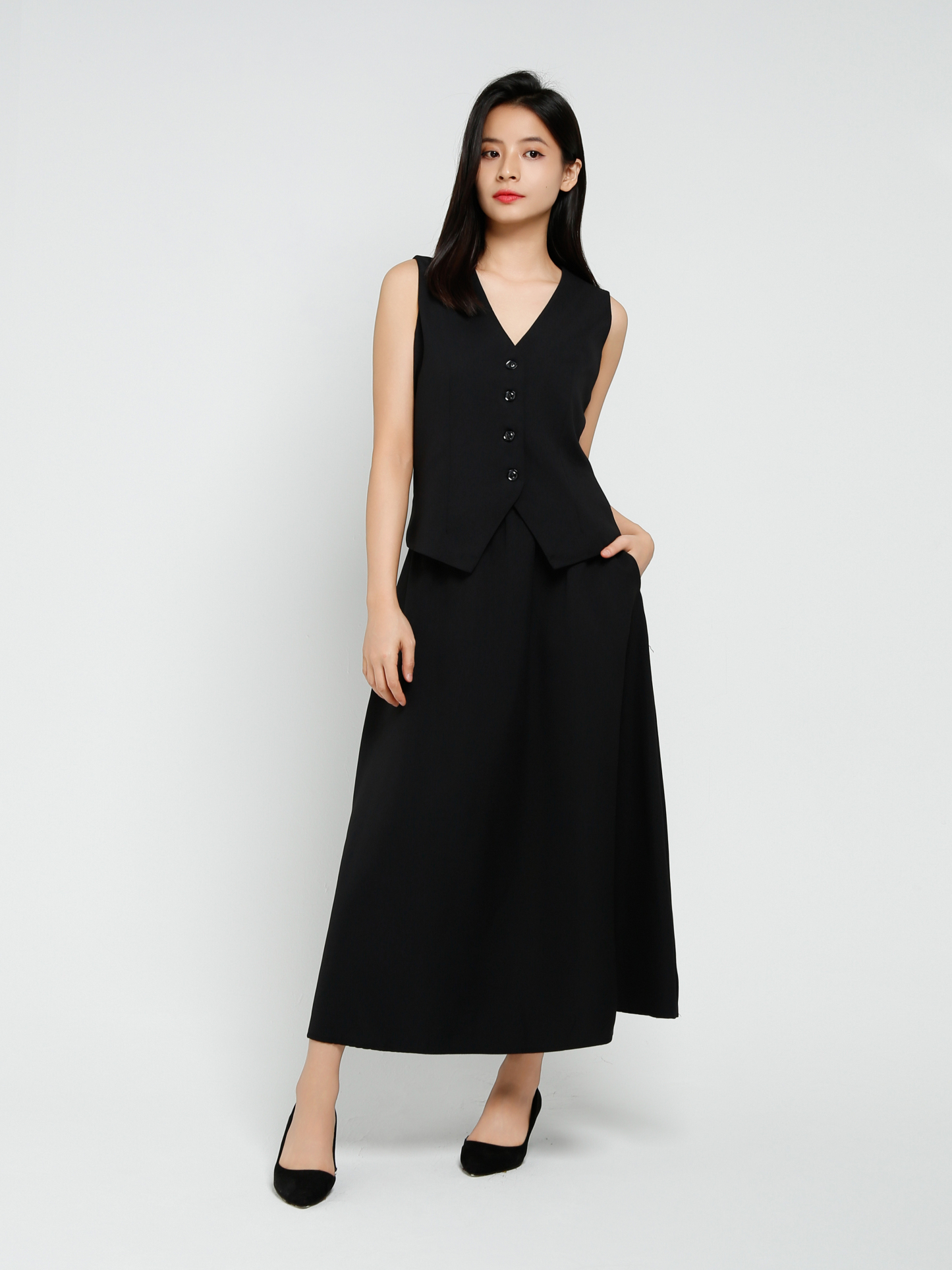 Sleeveless Front Button With Long Skirt Set 41241