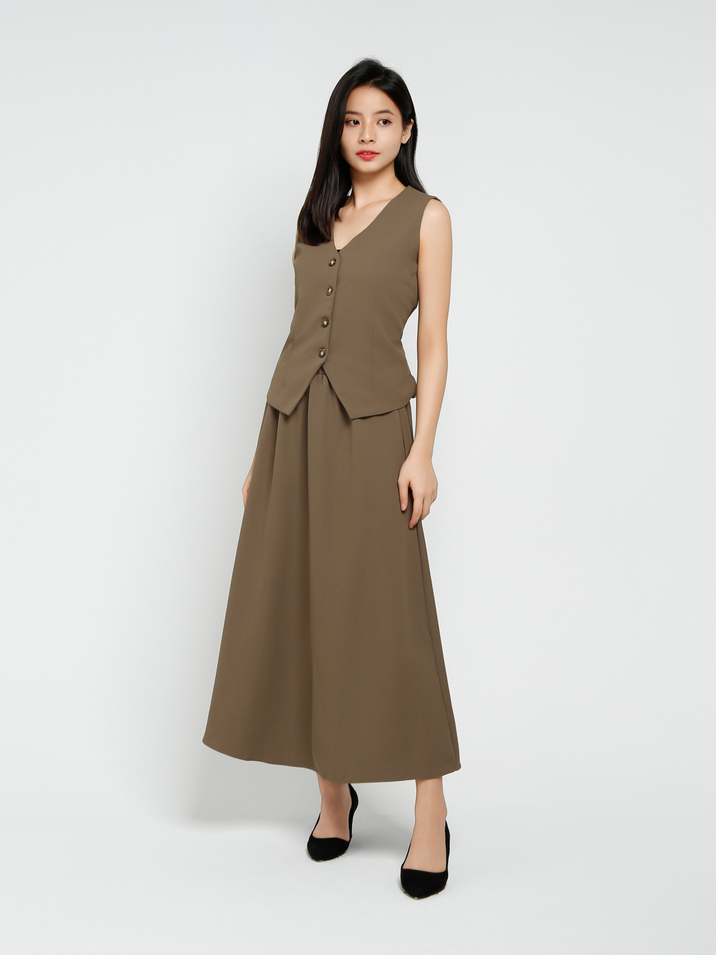Sleeveless Front Button With Long Skirt Set 41241