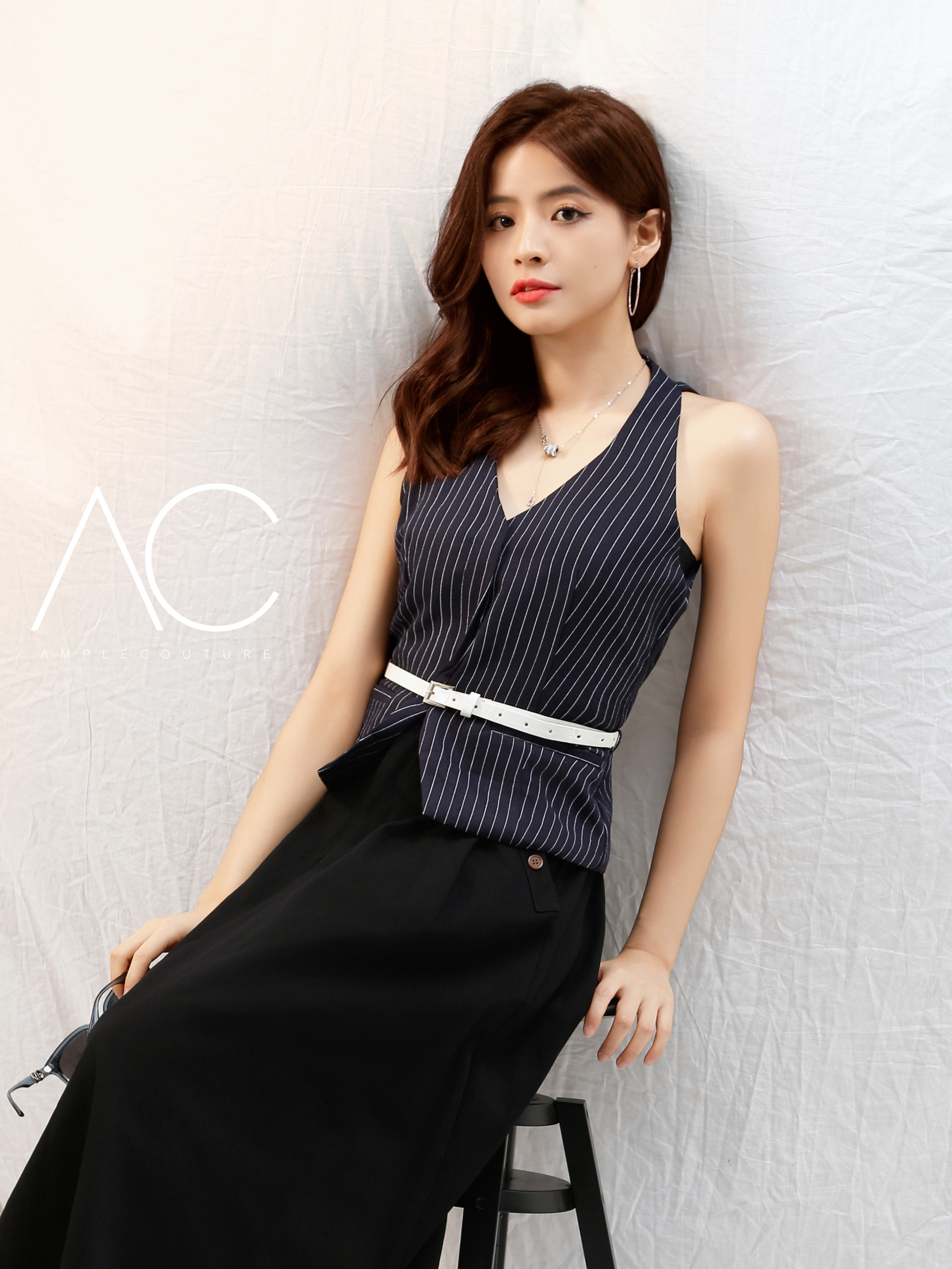 High Waist Pleated Long Skirt With Belt 41438