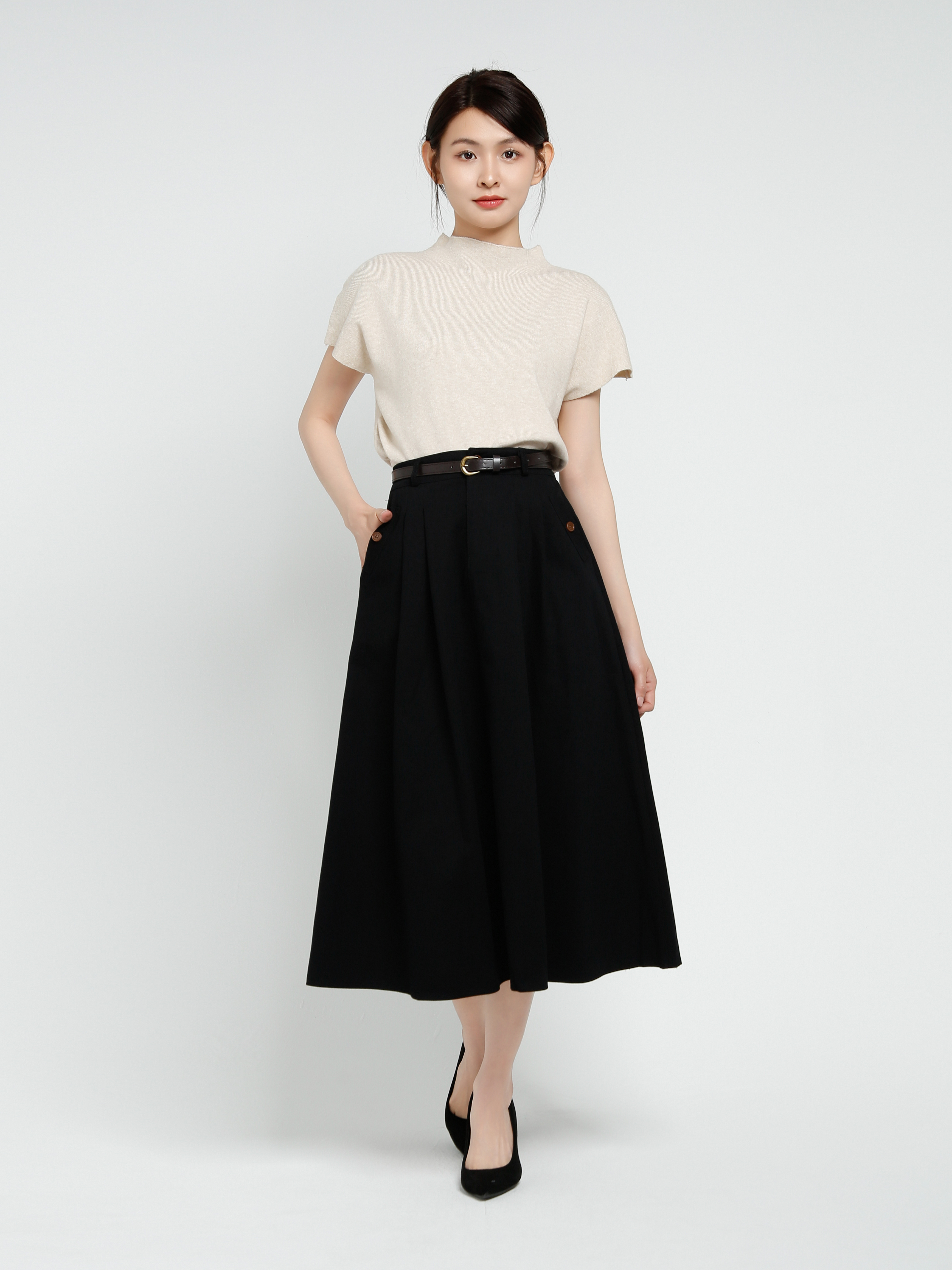 High Waist Pleated Long Skirt With Belt 41438