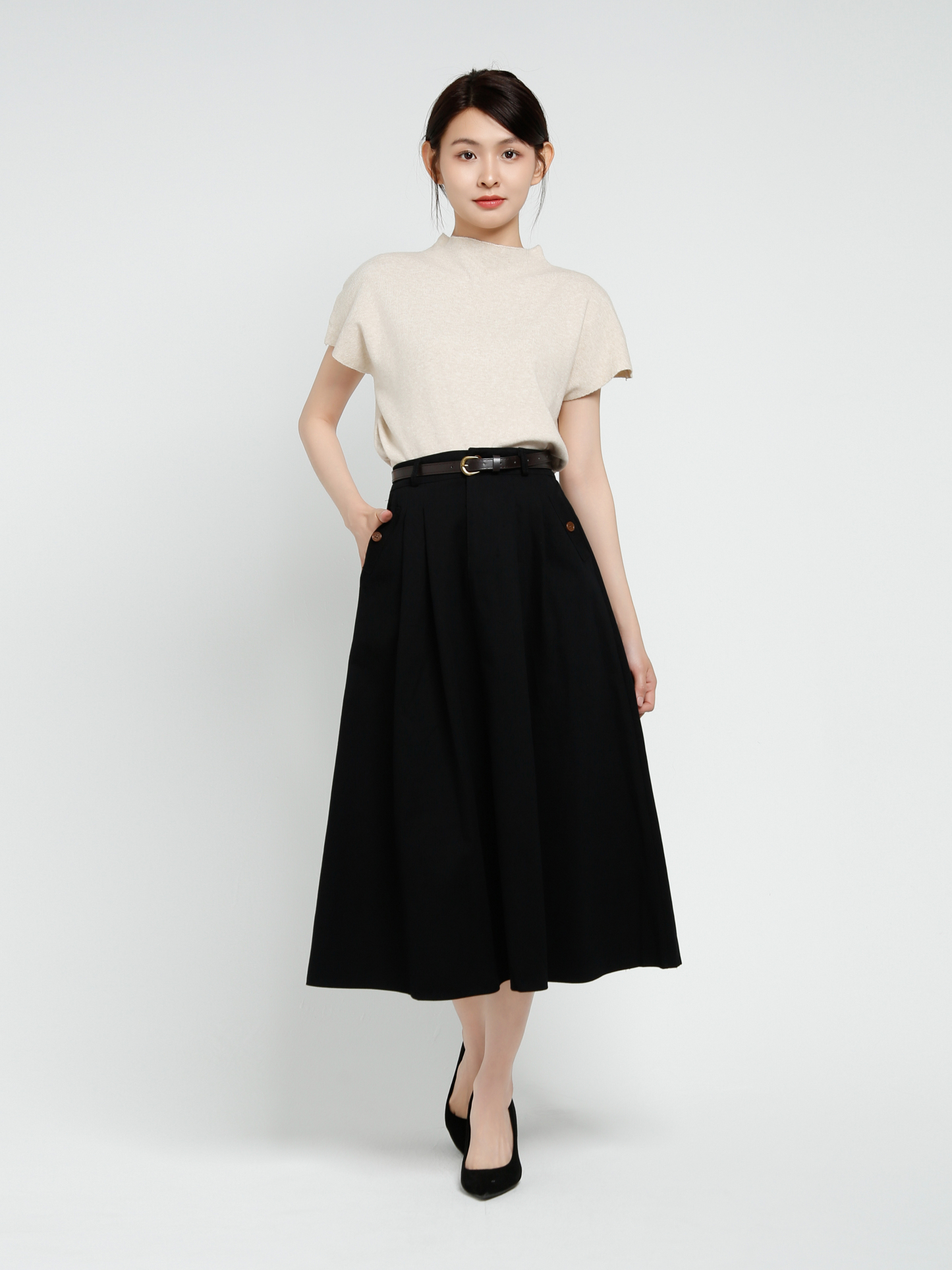 High Waist Pleated Long Skirt With Belt 41438
