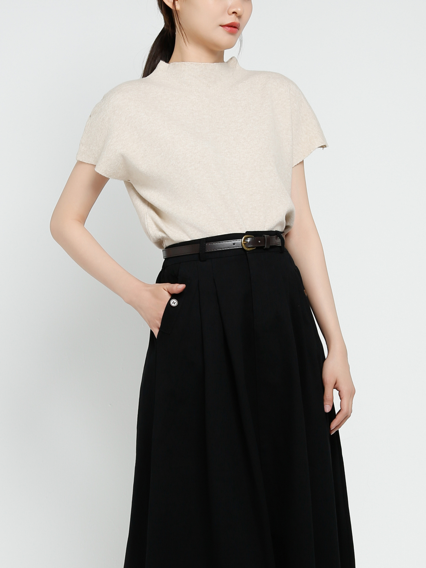 High Waist Pleated Long Skirt With Belt 41438