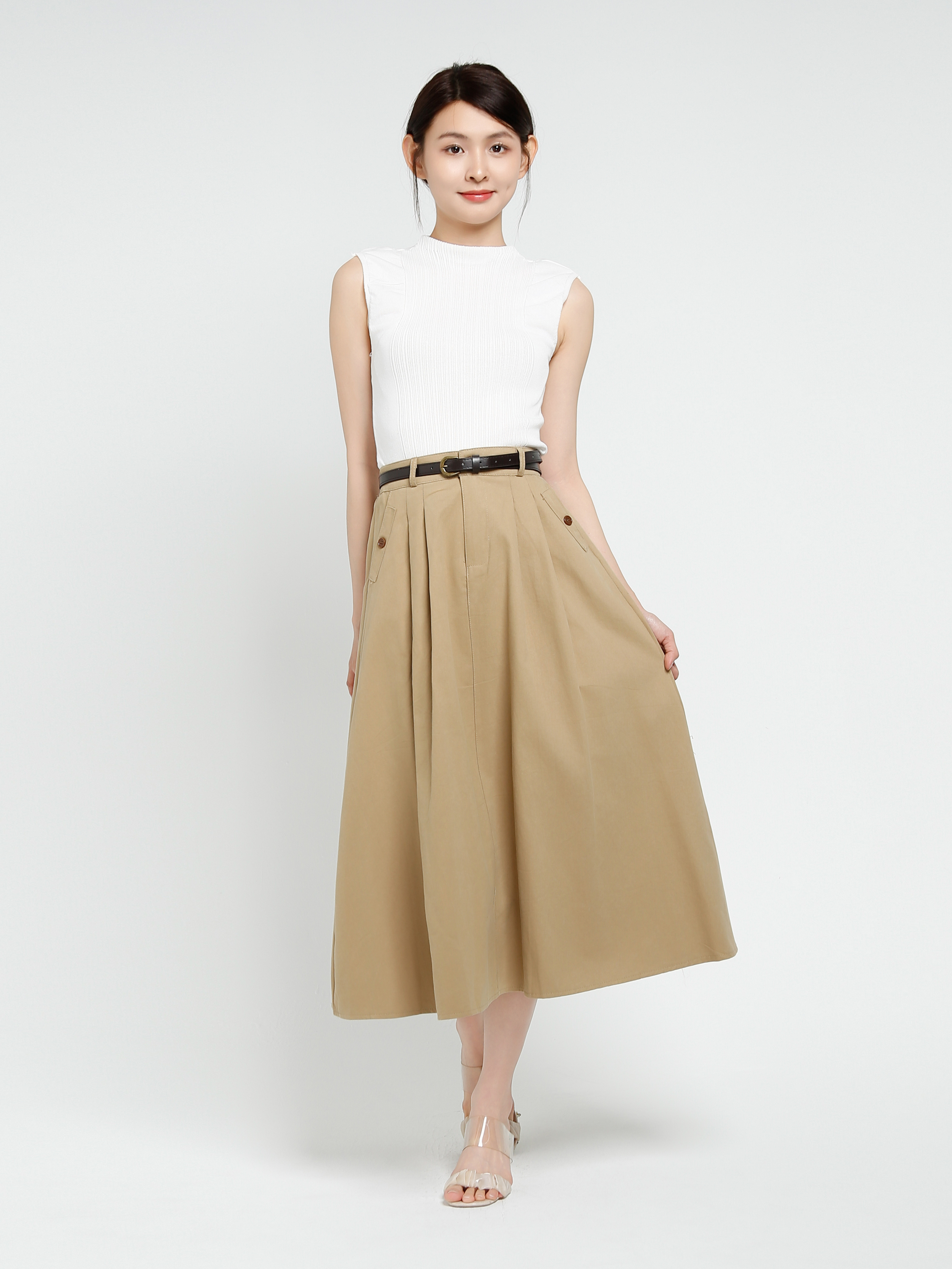 High Waist Pleated Long Skirt With Belt 41438