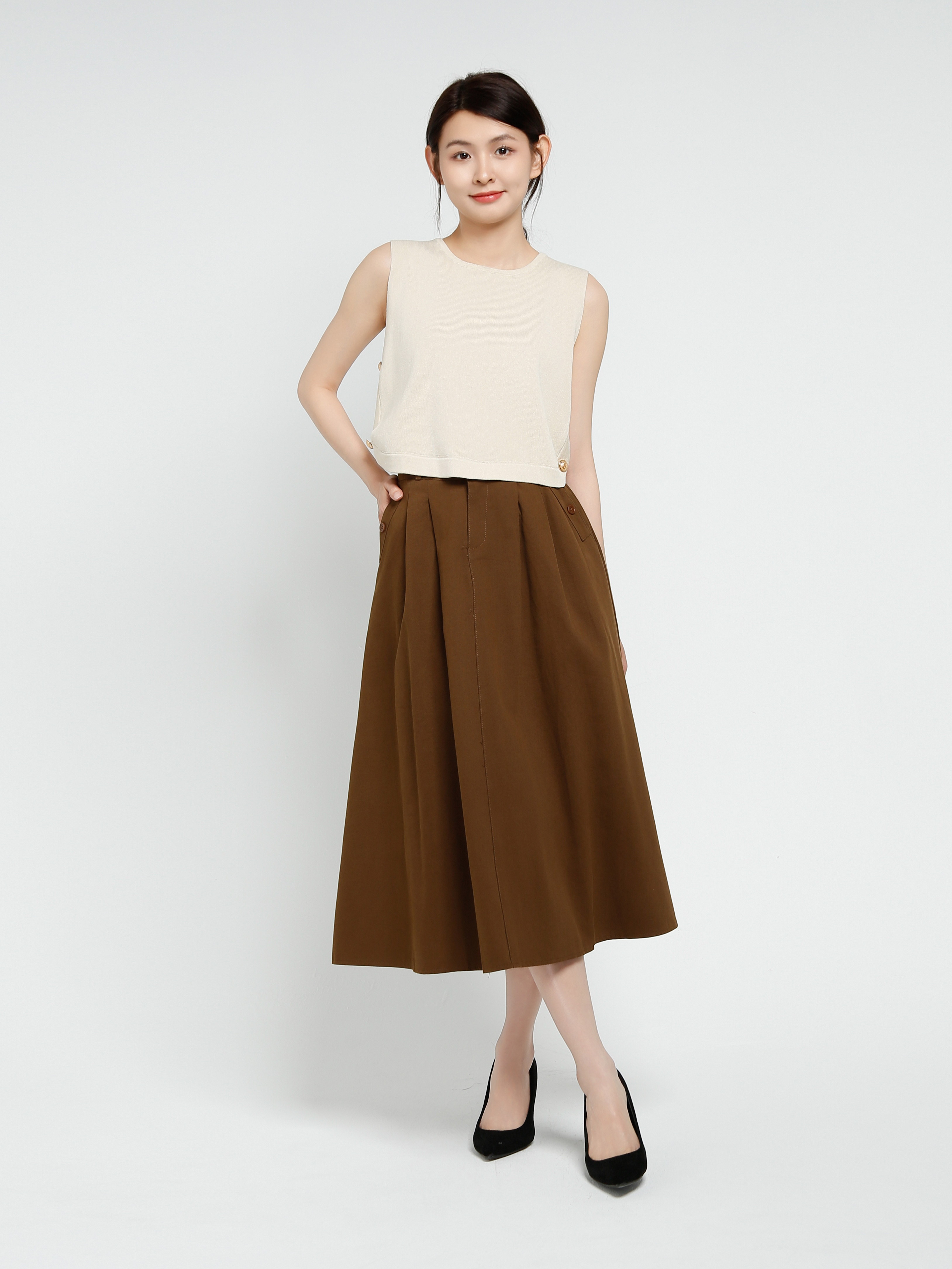 High Waist Pleated Long Skirt With Belt 41438