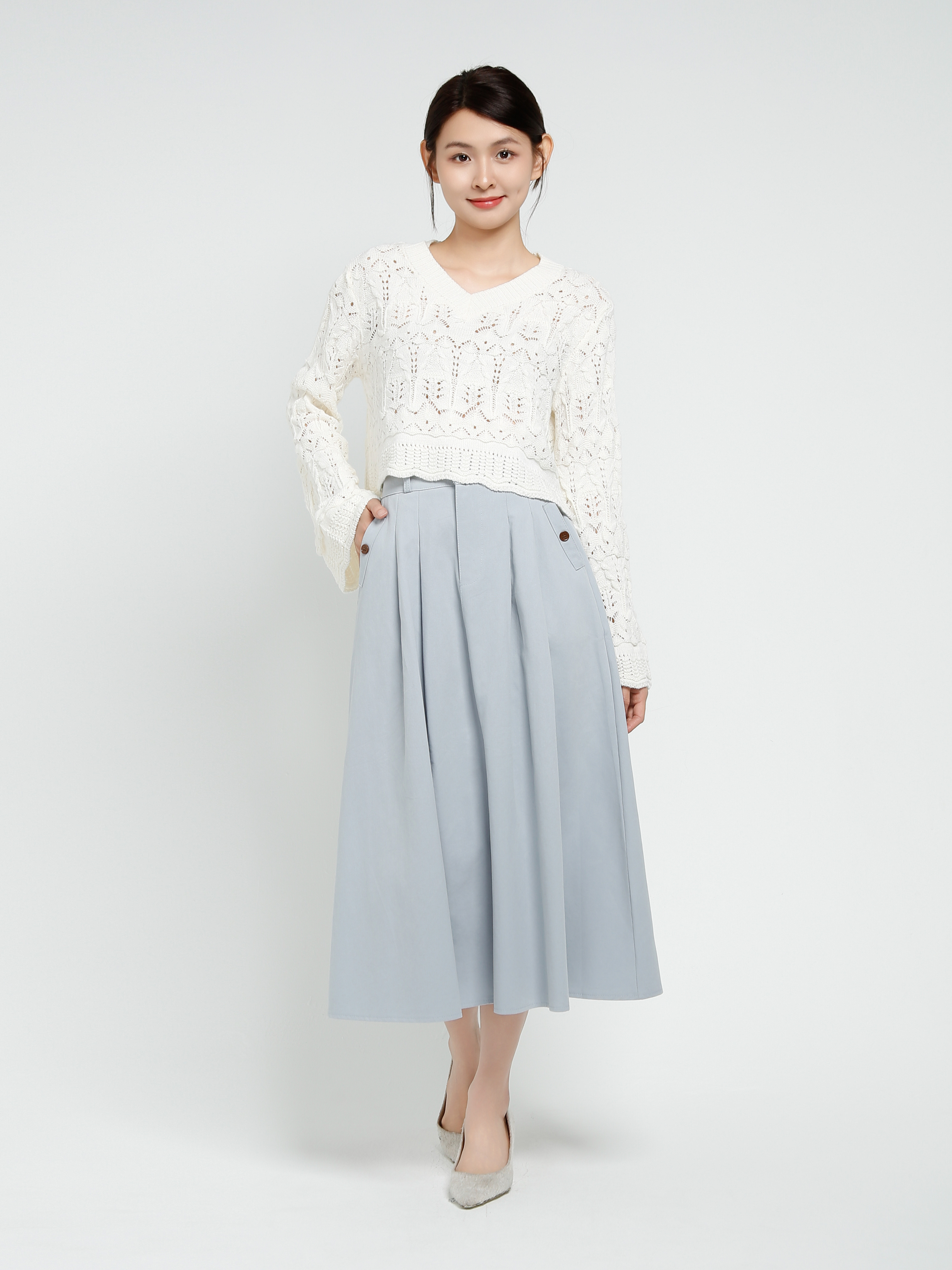 High Waist Pleated Long Skirt With Belt 41438