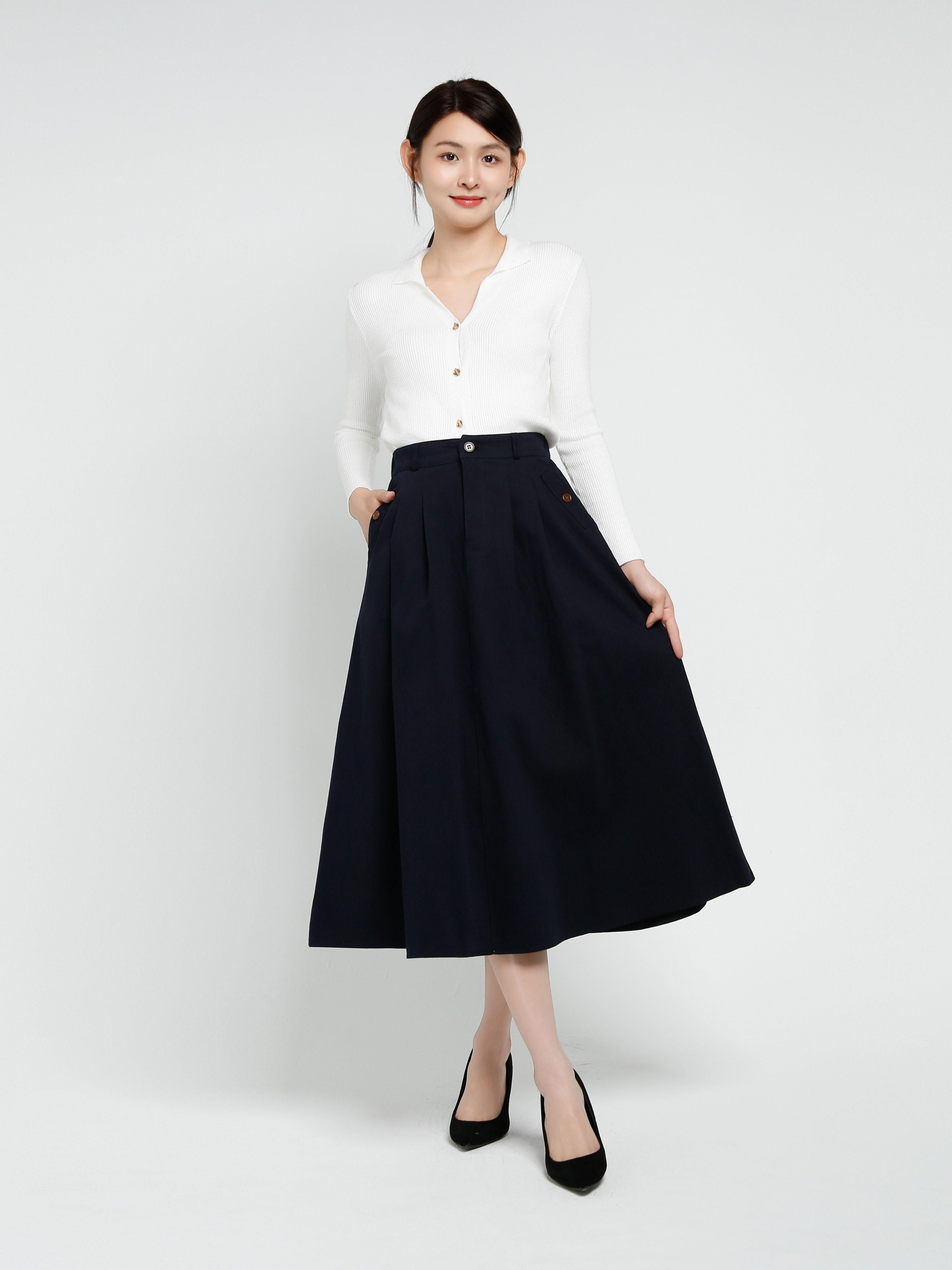 High Waist Pleated Long Skirt With Belt 41438
