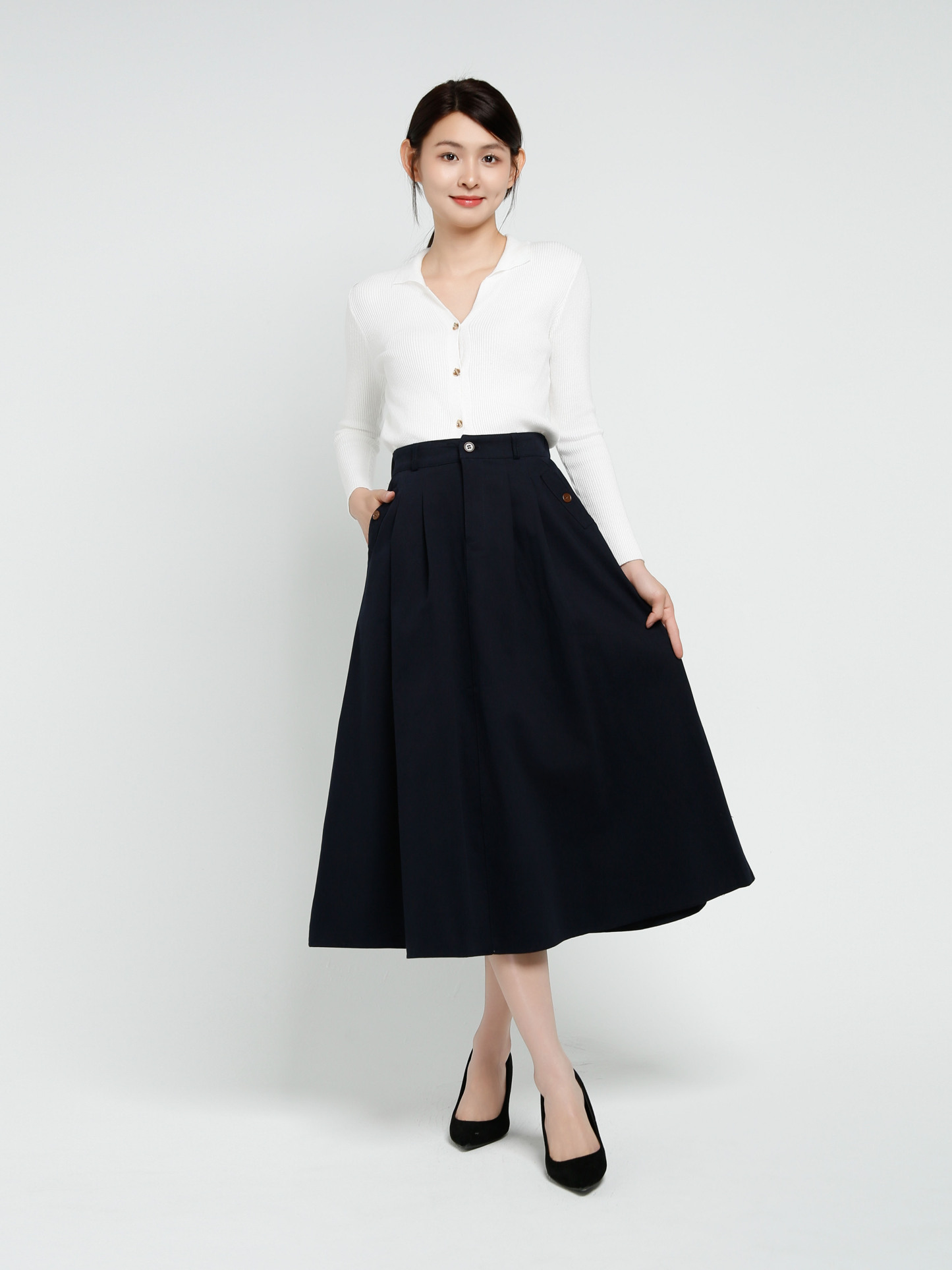 High Waist Pleated Long Skirt With Belt 41438