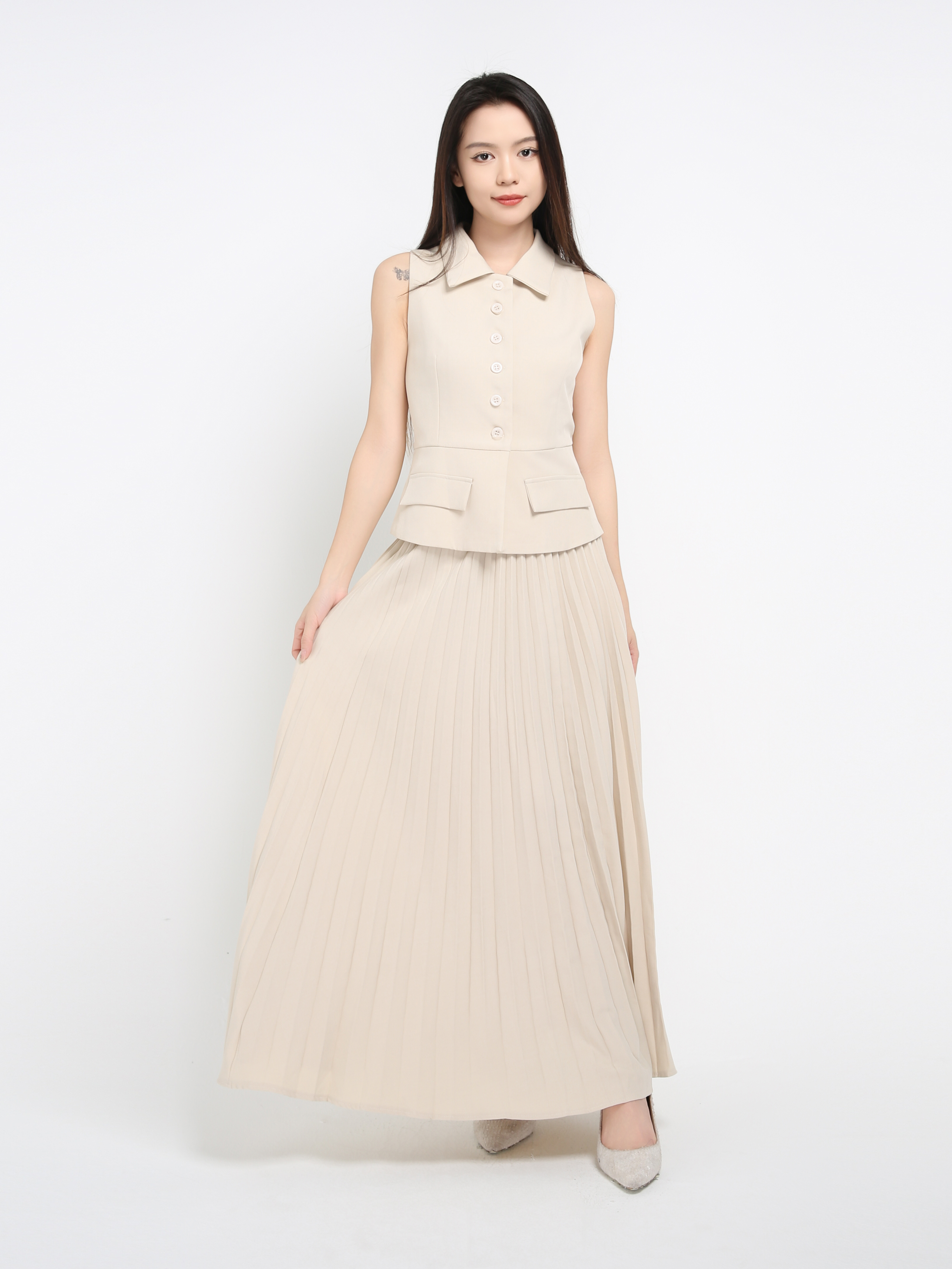 Sleeveless Front Button Top With Long Skirt Set 41913