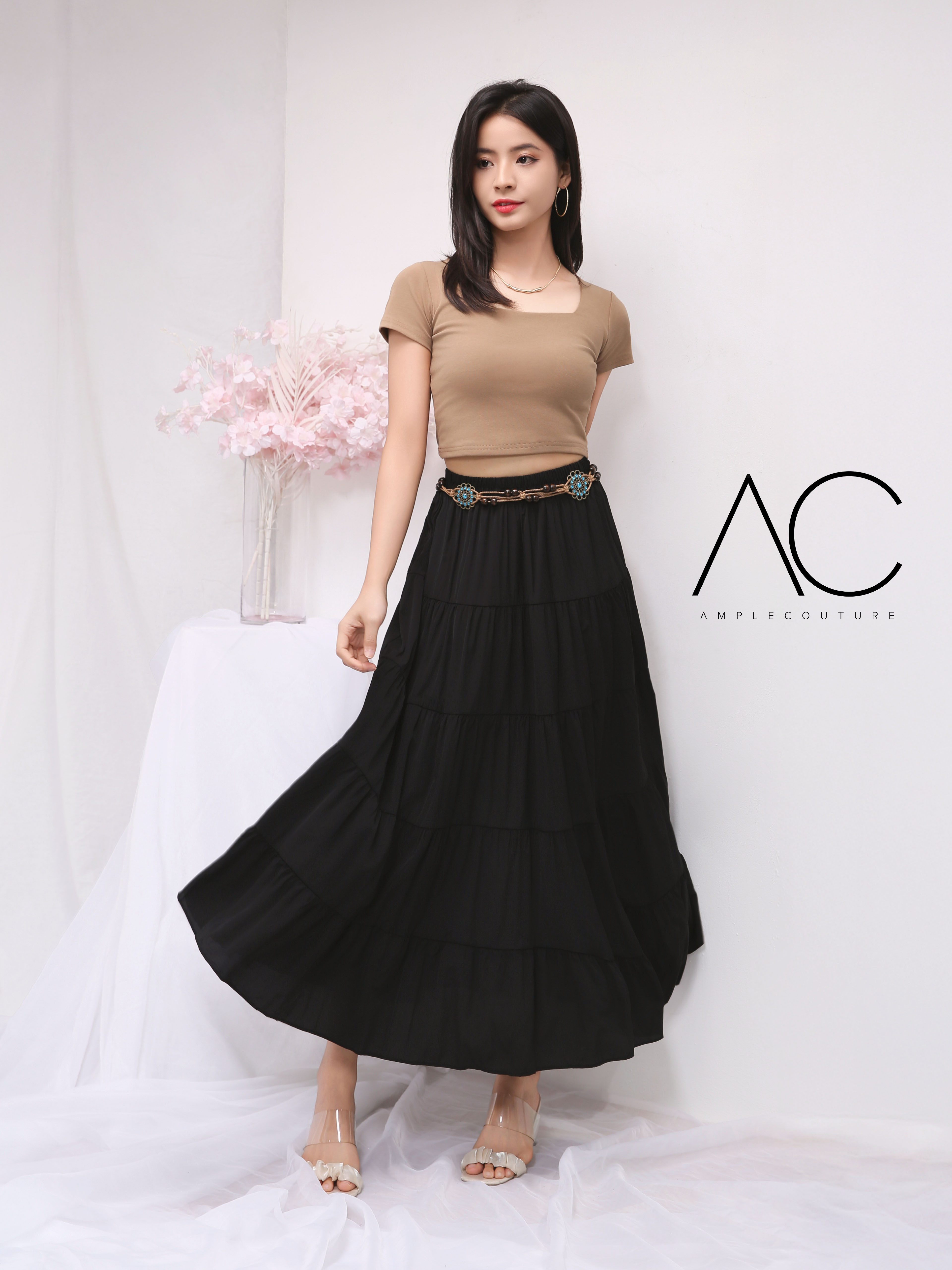 High Elastic Waist Pleated Long Skirt 41127