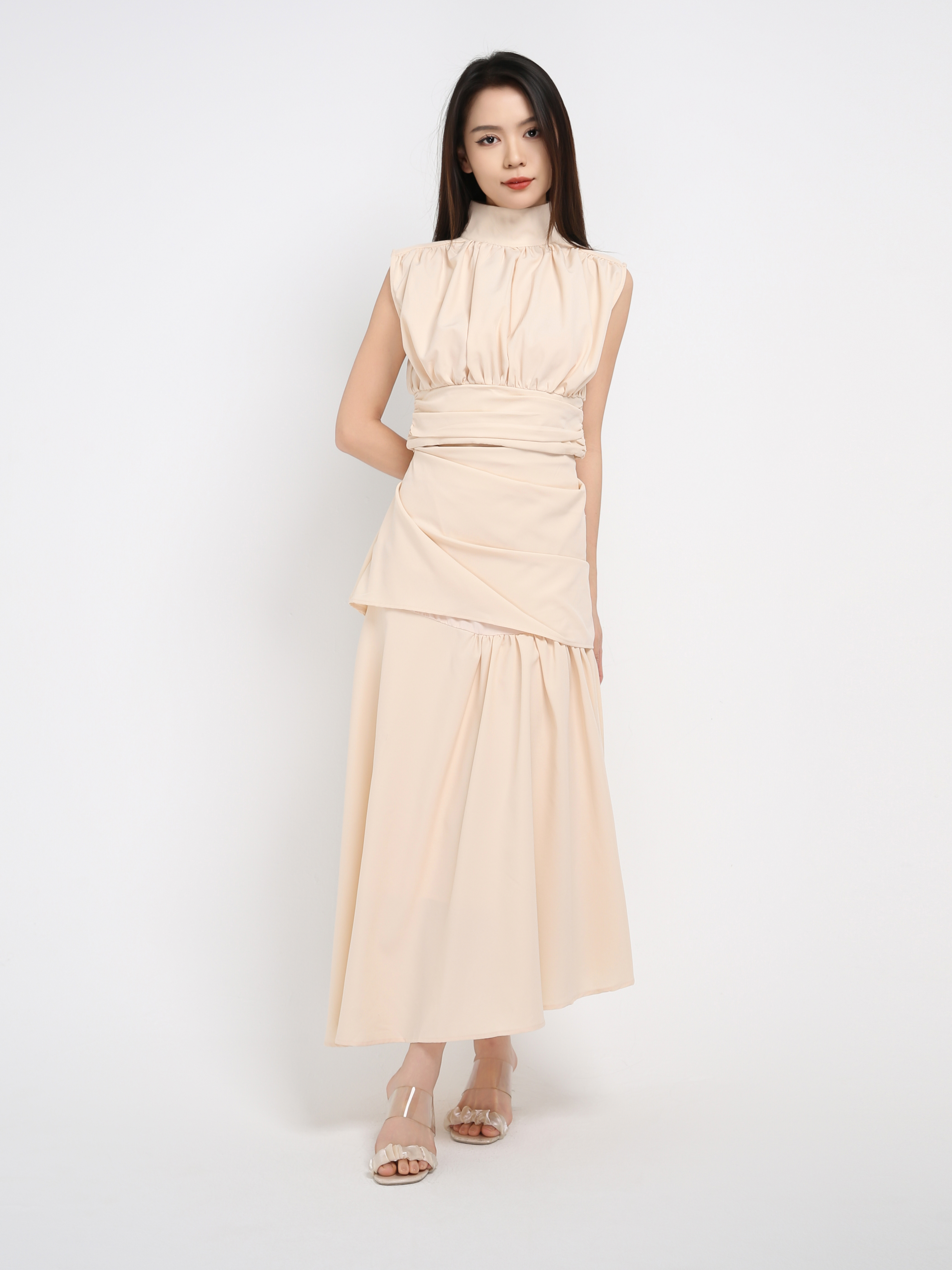 Sleeveless Pleated Top With Long Skirt Set 42264