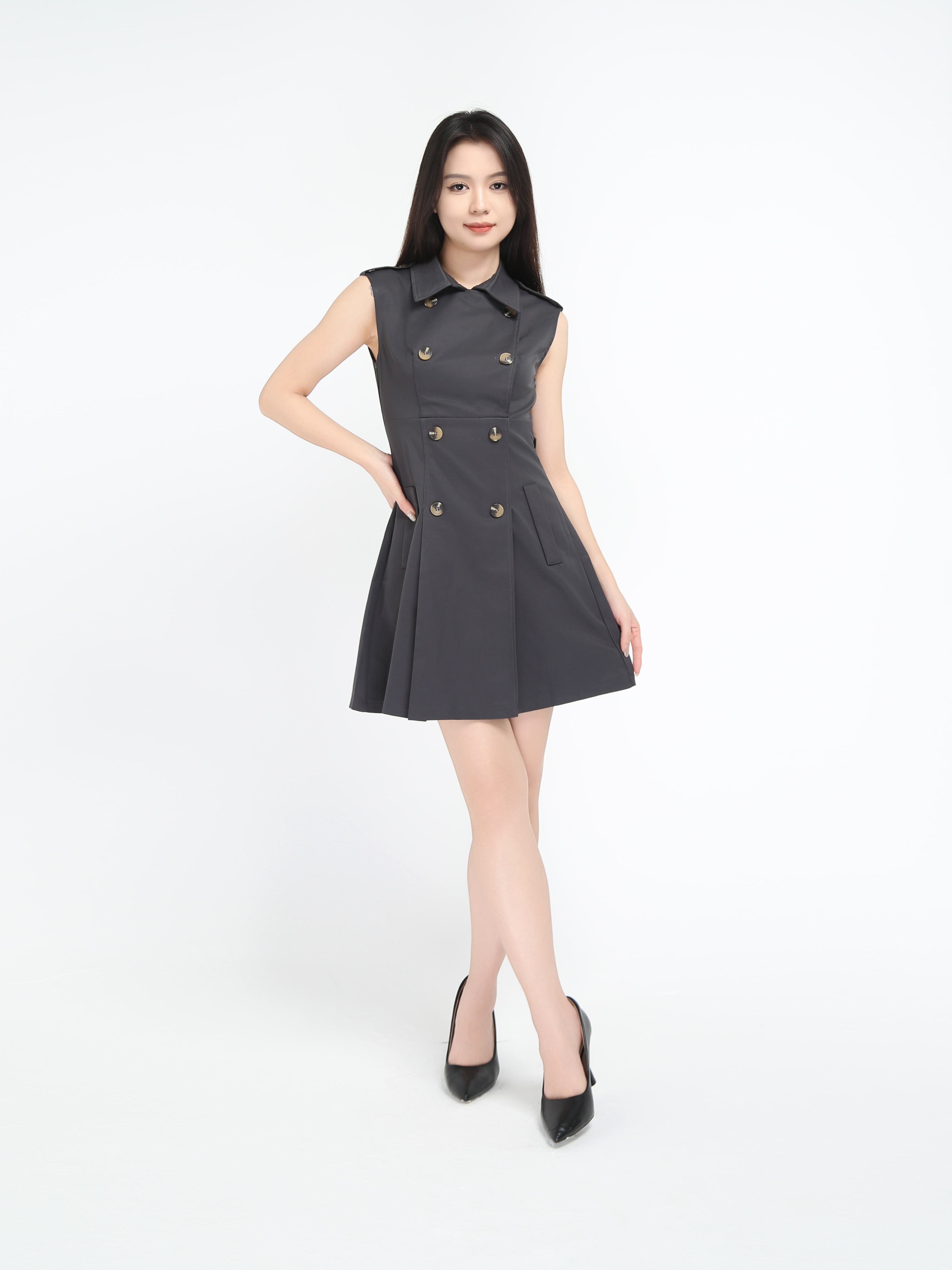 Sleeveless Front Button Pleated Dress 45069