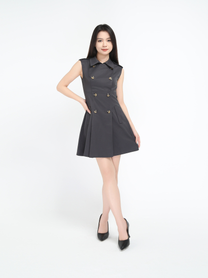 Sleeveless Front Button Pleated Dress 45069
