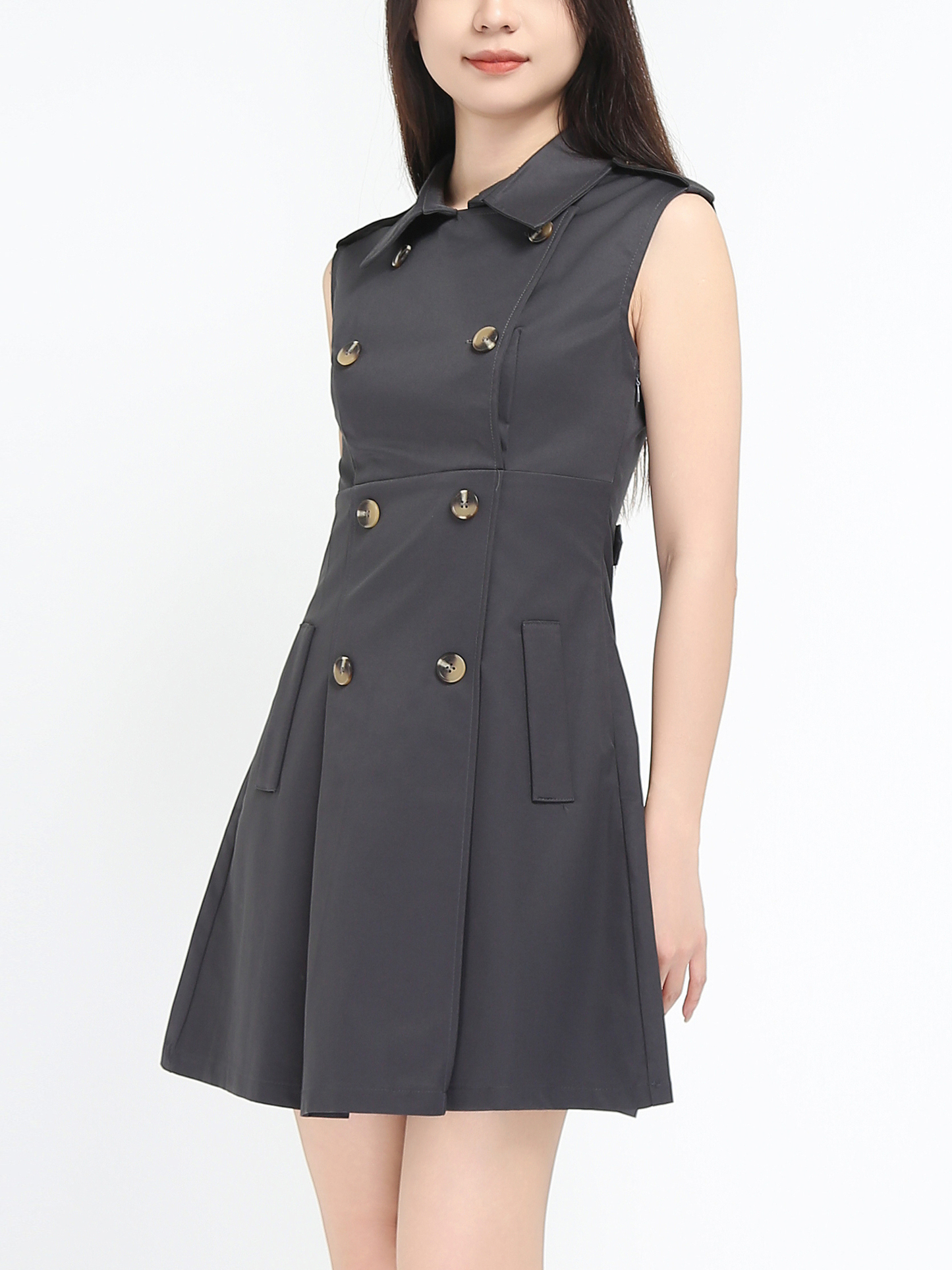 Sleeveless Front Button Pleated Dress 45069