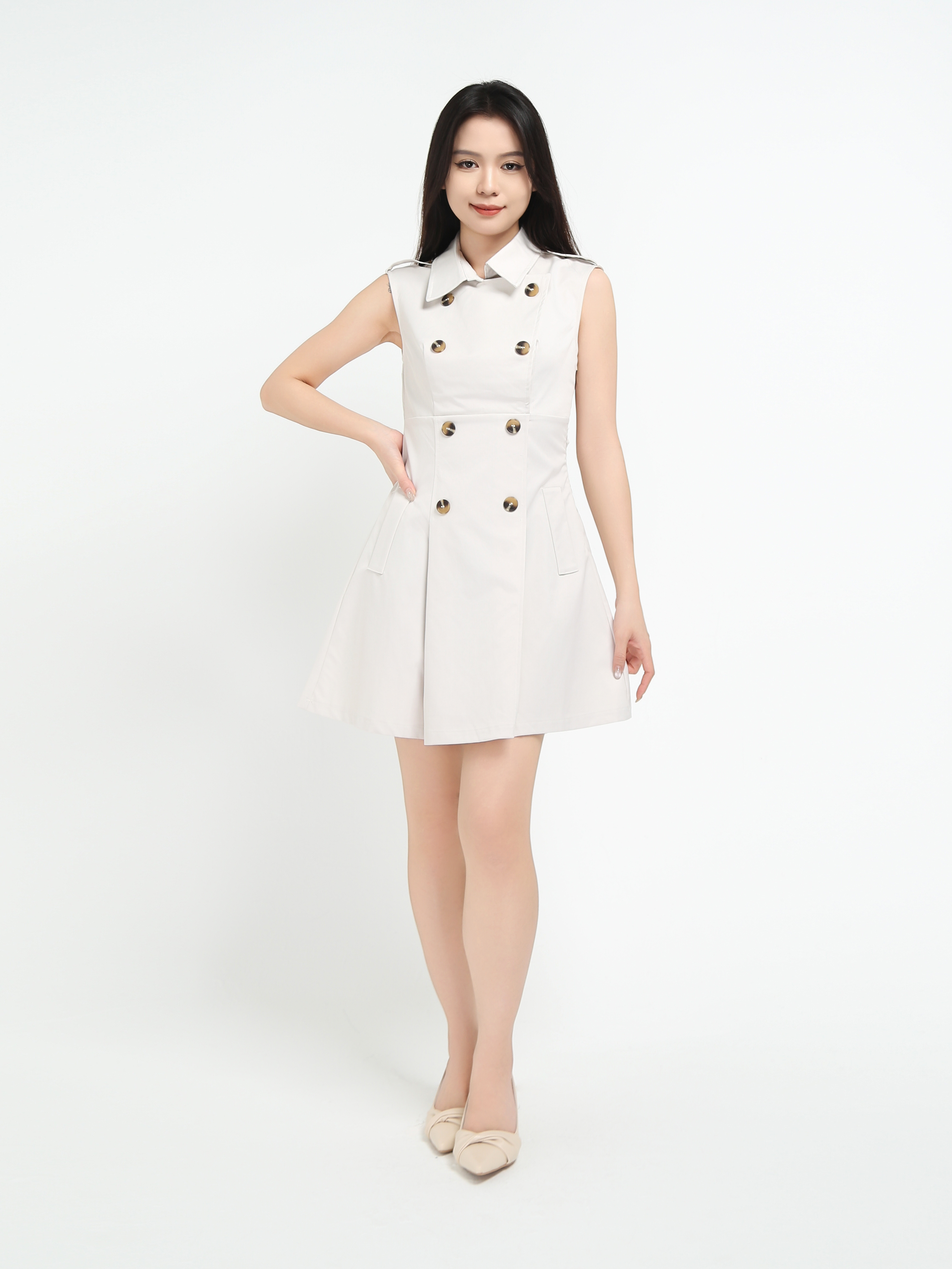 Sleeveless Front Button Pleated Dress 45069