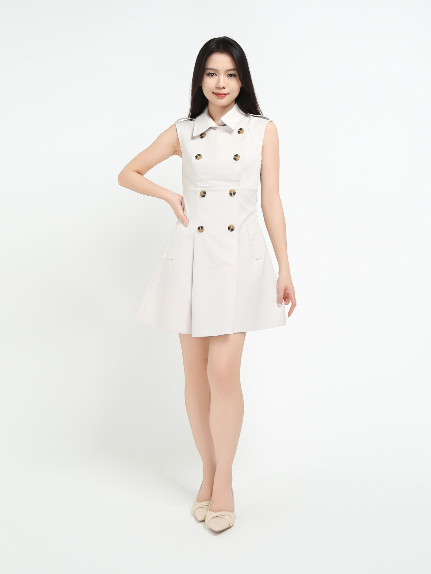 Sleeveless Front Button Pleated Dress 45069