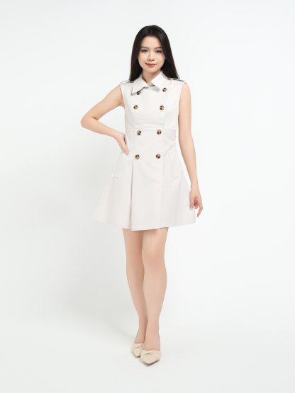 Sleeveless Front Button Pleated Dress 45069