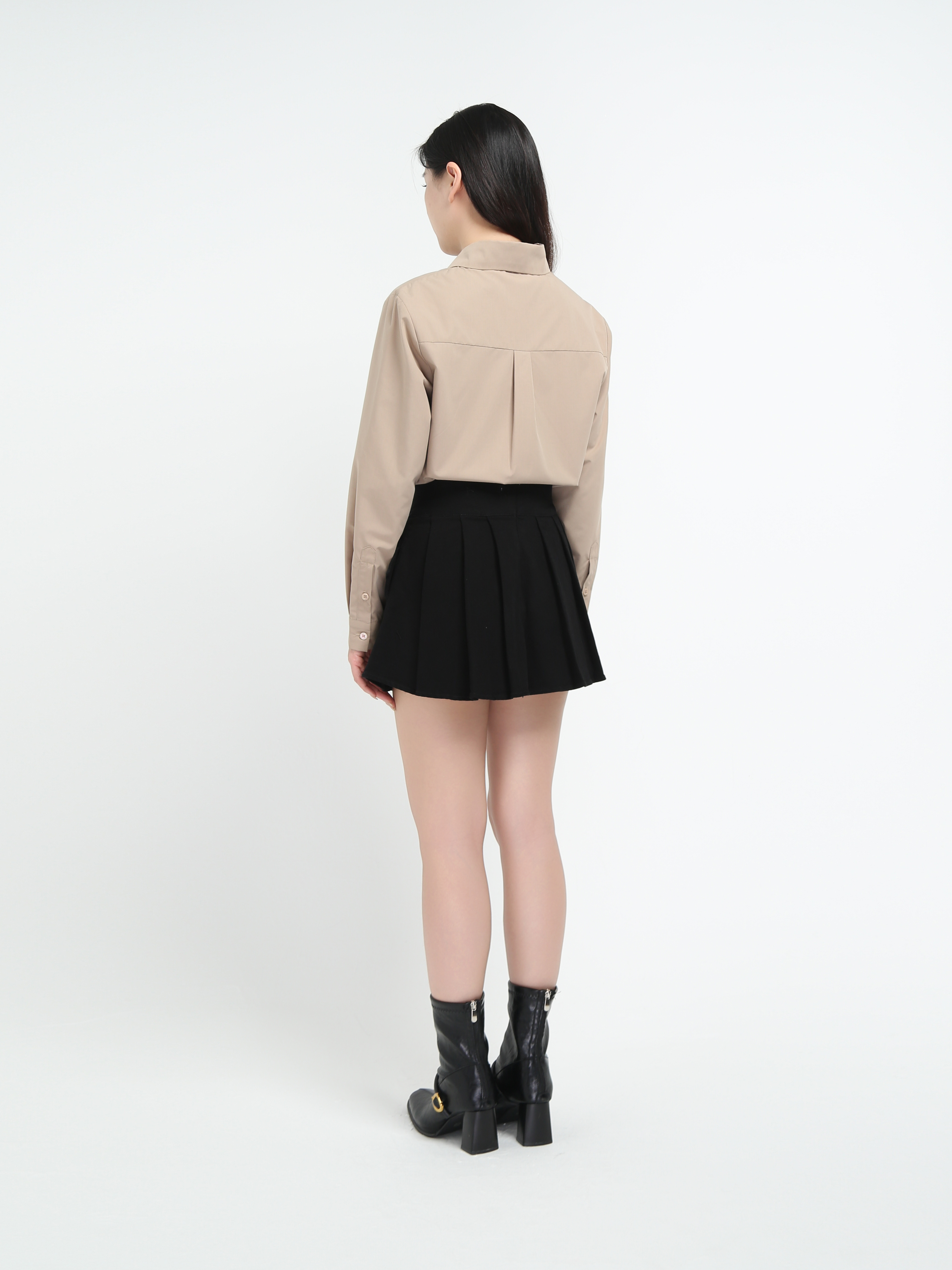 Denim Back Zip Pleated Skirt Pant With Decorative Belt 45070